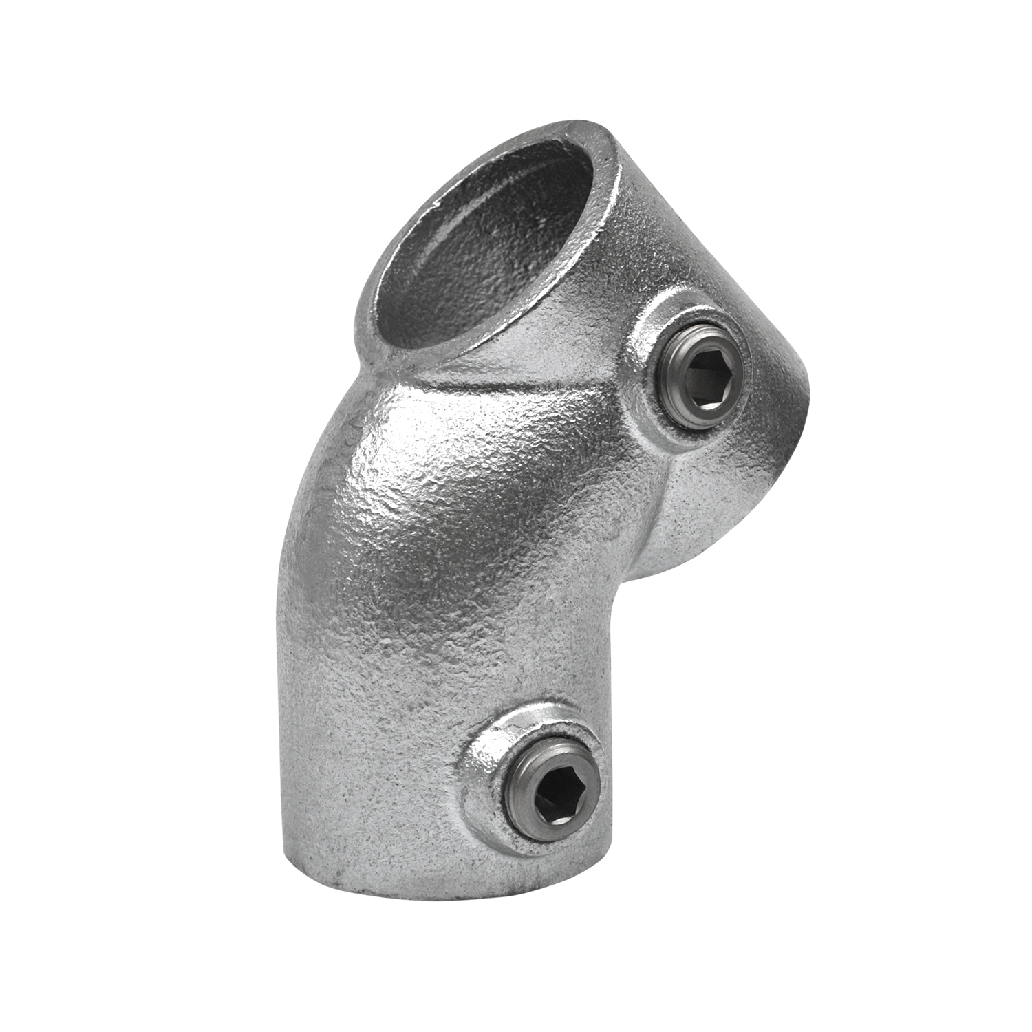 Raccord de tuyau moulé en argent, à la surface rugueuse, formant un angle obtus. Deux vis à six pans creux latérales sont visibles, en haut et en bas, pour la fixation des tuyaux. Sur fond blanc.