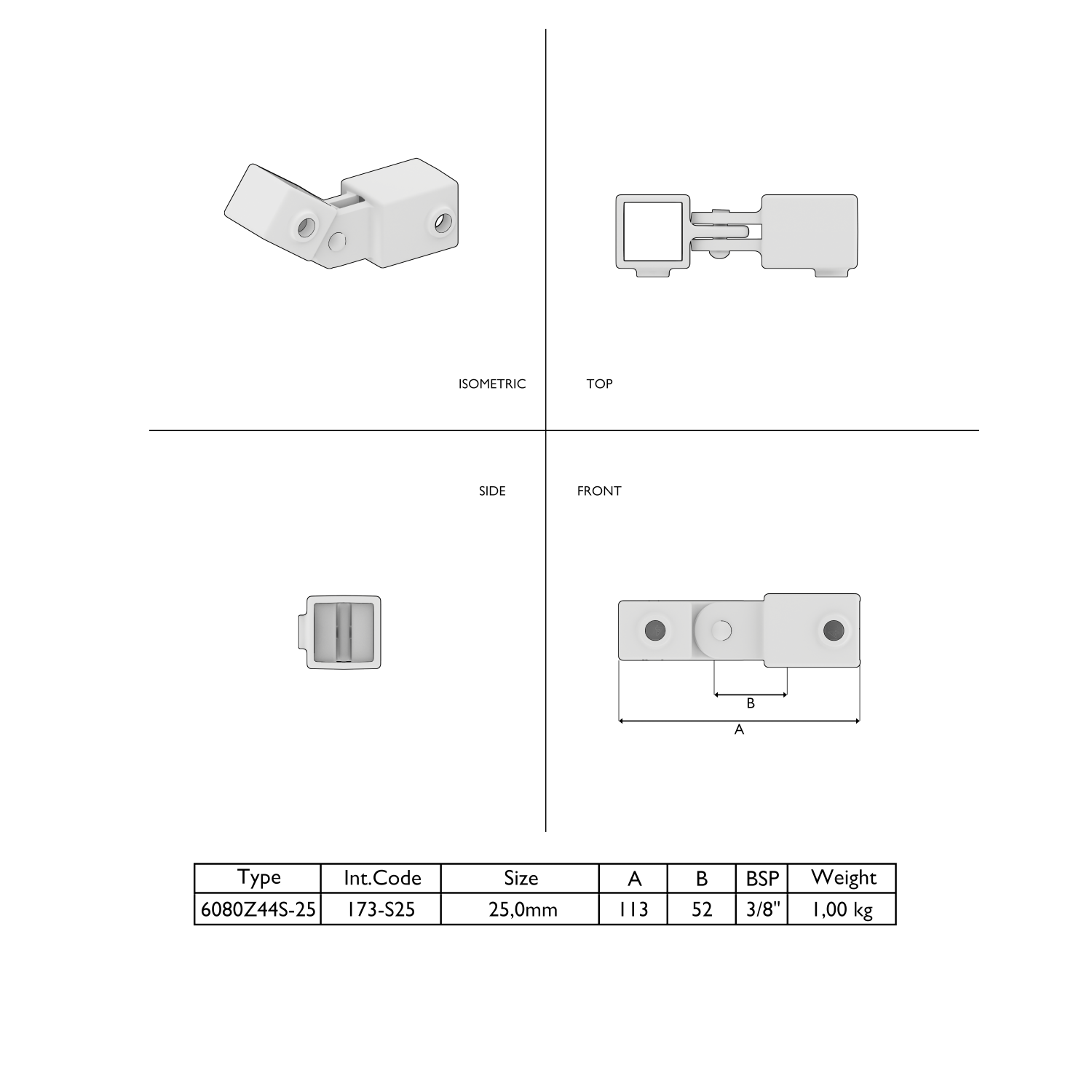Raccord articulé réglable pour tubes carrés 25 mm, montré sous 4 angles : isométrique, dessus, côté, face. Raccord pivotant pour assemblages mobiles avec orifices de fixation. Fiche technique : dimensions, poids.