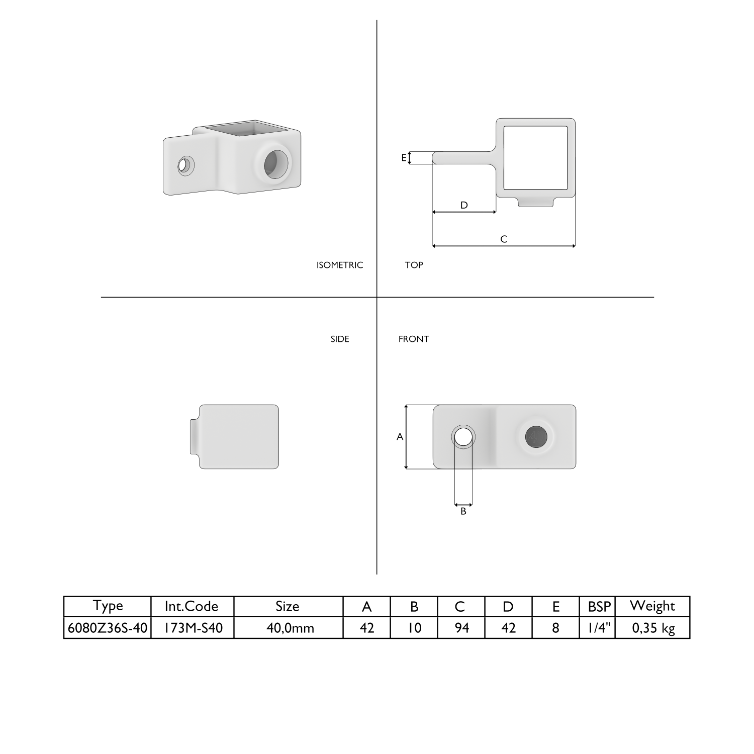 Raccord métallique à ouverture carrée, bride de montage et trou fileté. Dessin technique avec différentes vues, cotes et un tableau des spécifications pour le type 6080Z36S-40, incluant les dimensions, le poids et le raccordement.