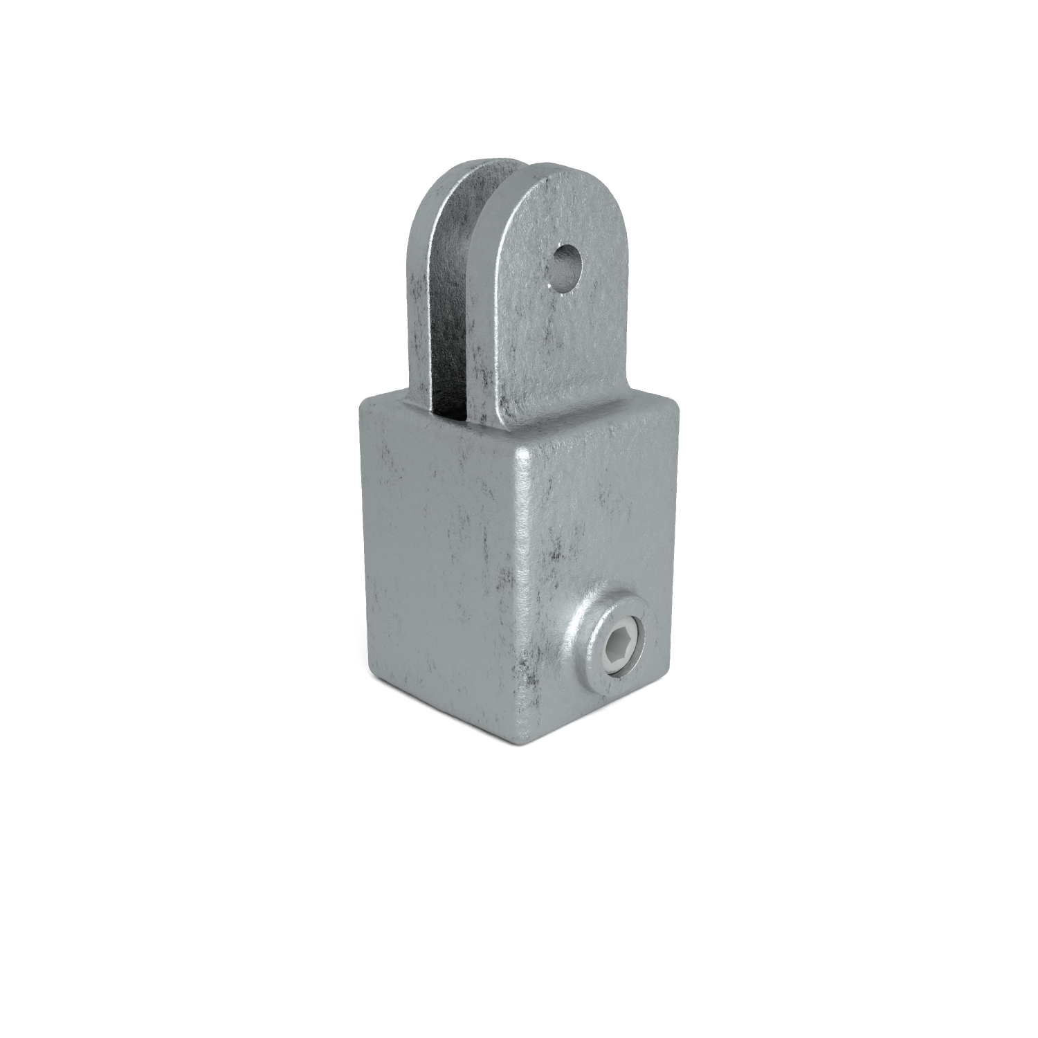 Conector metálico de color gris plateado con superficie rugosa y texturizada, recortado sobre fondo blanco. Bloque base cuadrado con una horquilla en forma de U en la parte superior y un orificio pasante; tornillo Allen visible en el lateral.