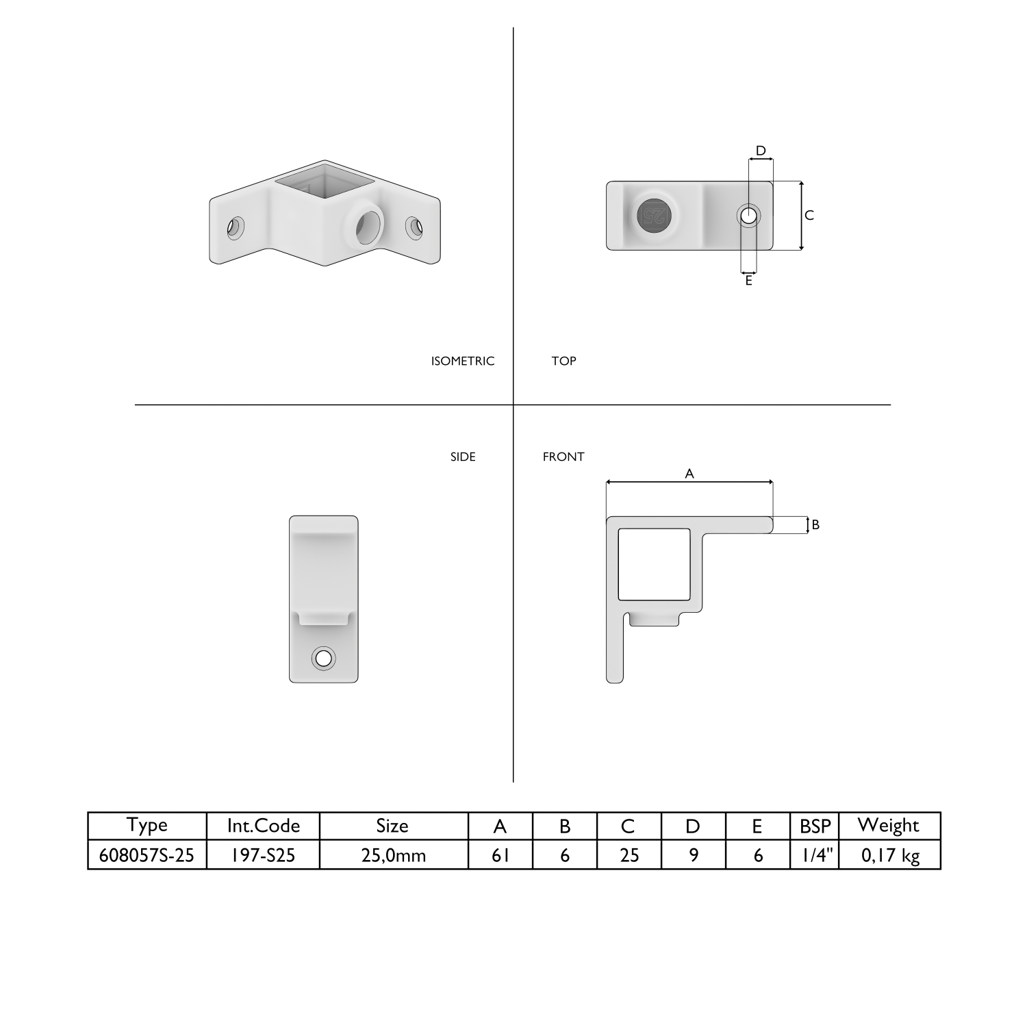 Schéma technique d'un raccord d'angle blanc en L, profil intérieur carré et trous de fixation. Vues isométrique, dessus, côté et face avec cotations. Tableau des spécifications : type, dimensions et poids.
