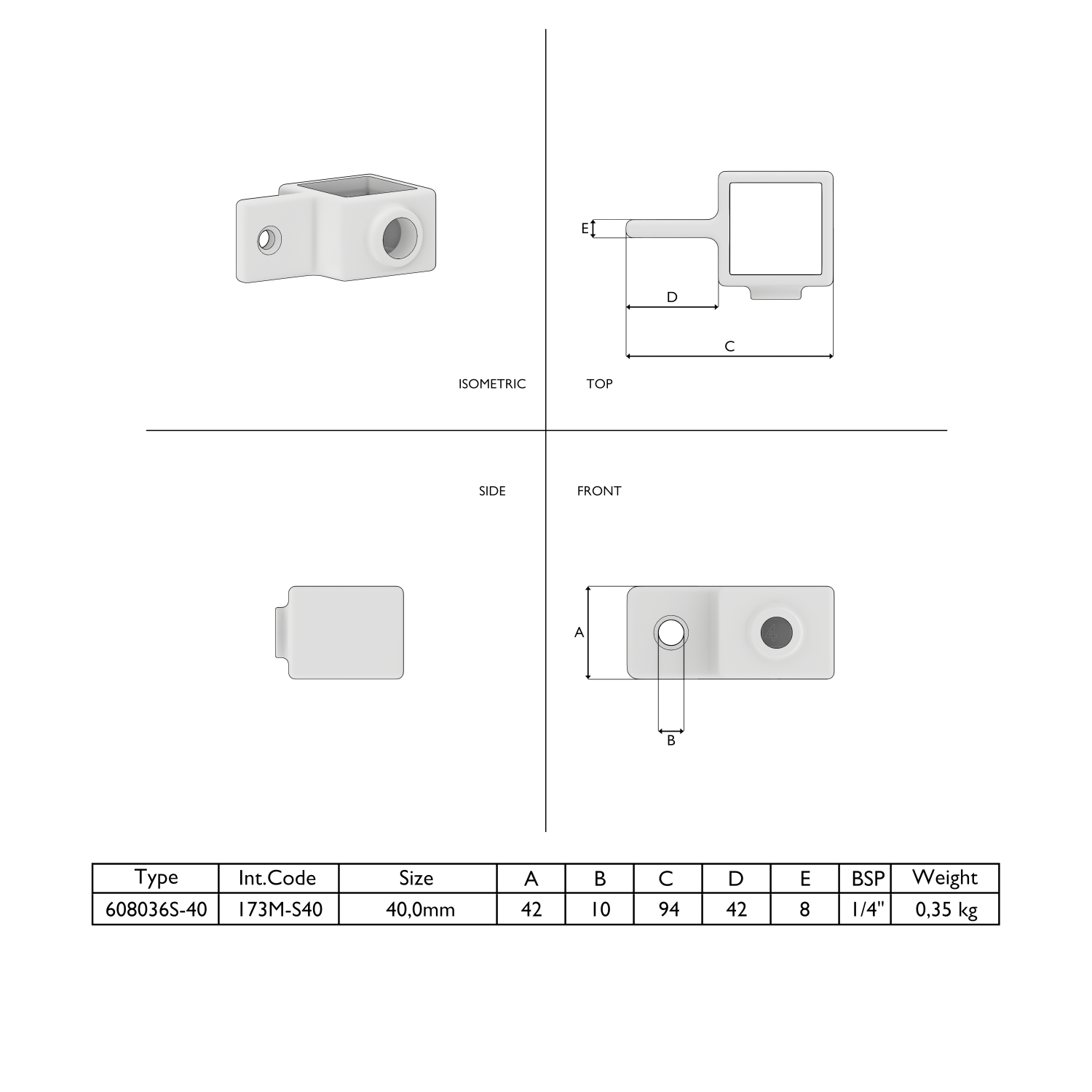 Schéma technique d'un raccord de tuyau blanc en L avec raccord enfichable carré et zone de fixation plate à deux ouvertures rondes, dont une filetée. Vues (ISO, dessus, côté, face) avec cotes ; tableau des spécifications.