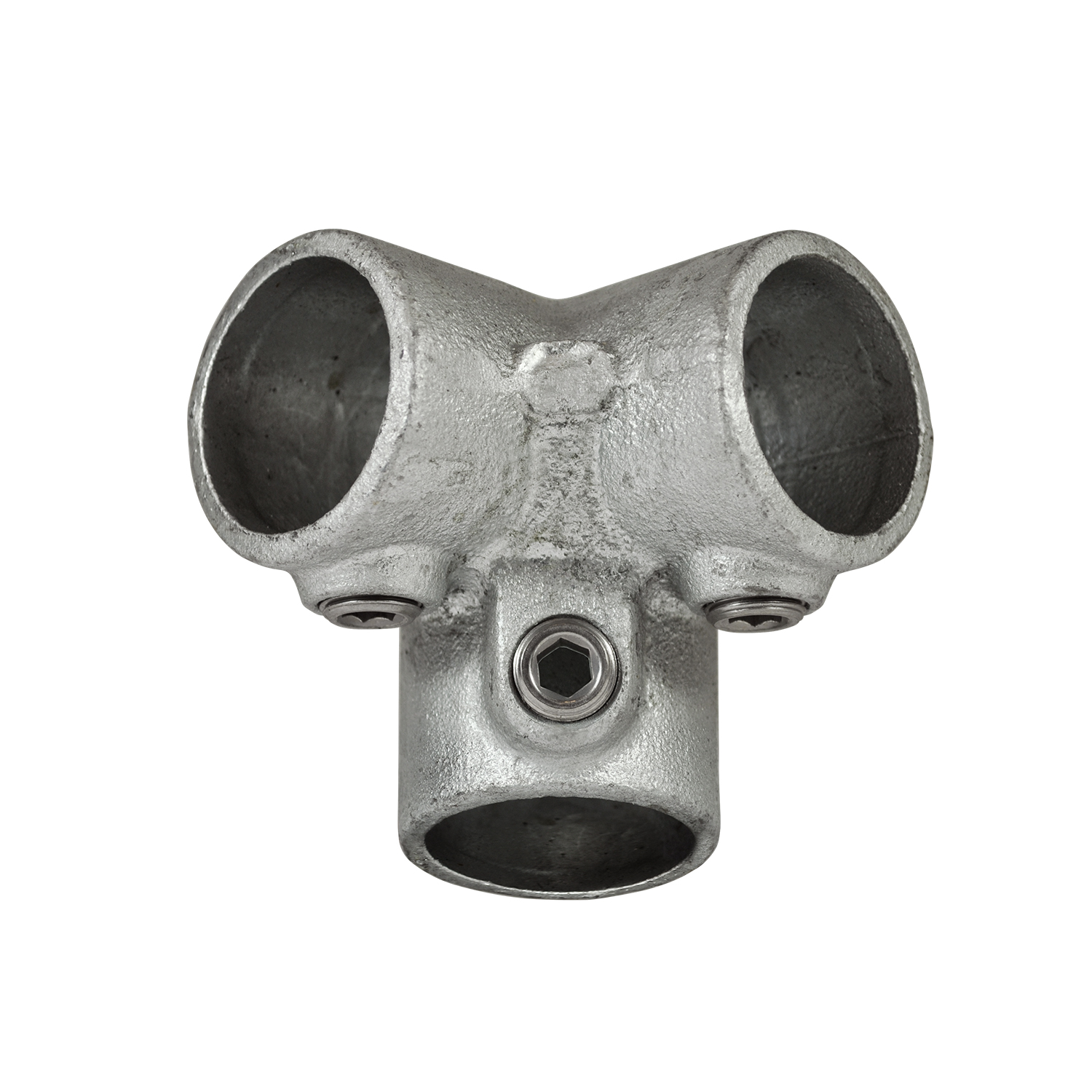 Raccord d'angle 3 voies gris en métal galvanisé, robuste, pour raccords de tuyaux à 90°. Trois ouvertures cylindriques et vis à tête hexagonale visibles pour une fixation sûre, idéal pour garde-corps.