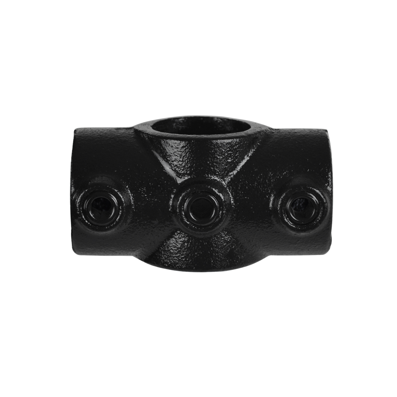 Cruz metálica negra para unir tubos. Abertura central y tres salidas en ángulo de 90 grados para conectar tubos de 26,9 mm (3/4"). Acabado en negro mate, con tornillos de fijación.