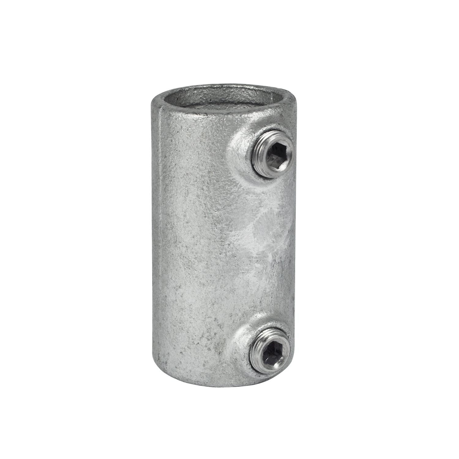 Pieza de extensión metálica cilíndrica de color plateado para tubos, con superficie rugosa y dos tornillos Allen situados lateralmente para su fijación. Sirve como abrazadera de unión para tubos con un diámetro igual de 48,3 mm.