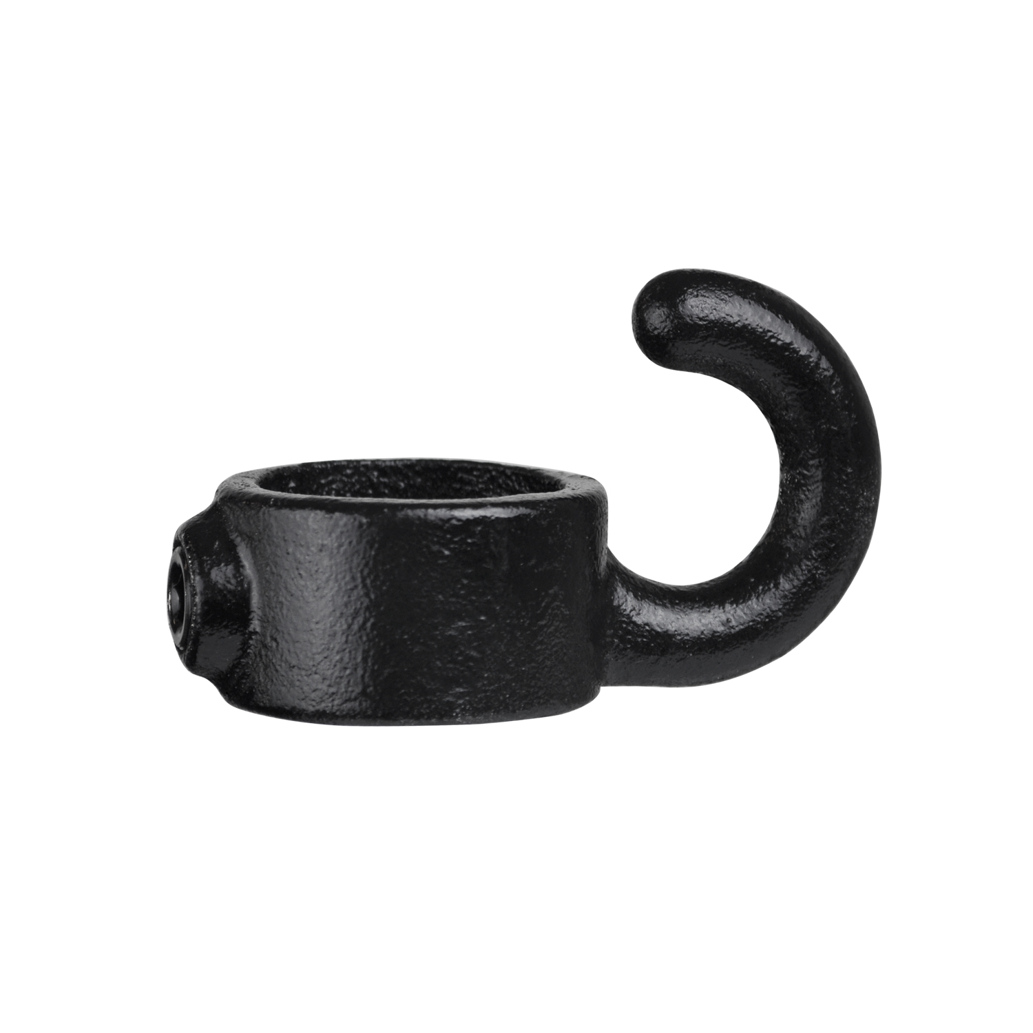 Anillo de fijación negro con gancho sobre fondo blanco. Gancho resistente en el anillo cilíndrico con tornillo de fijación lateral para su sujeción a tubos de Ø 33,7 mm (1”) para fijaciones de cadena. Superficie mate y resistente a la corrosión.