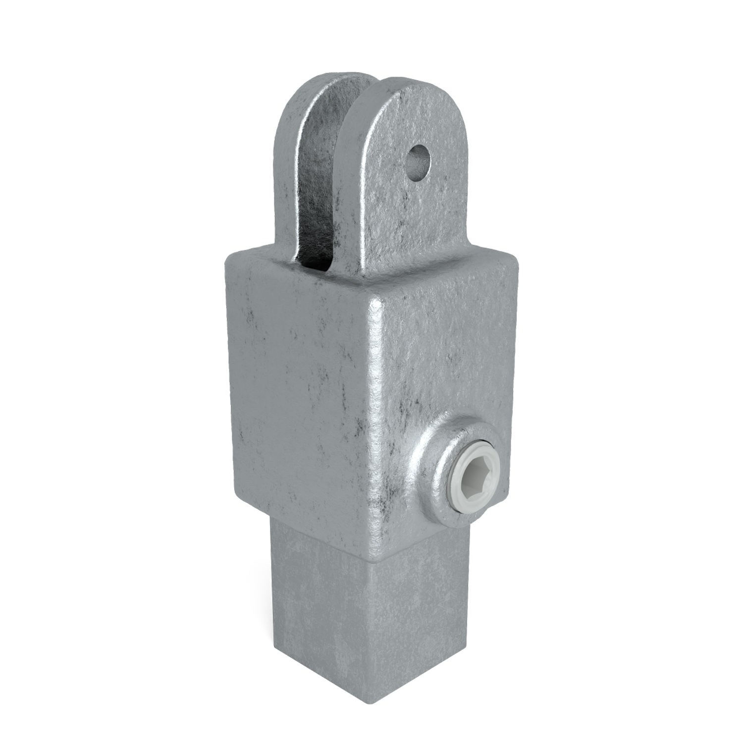 Raccord métallique gris avec une base rectangulaire et un corps massif, surmonté d'une fourche en U avec un trou rond. Sur le côté, une vis à tête hexagonale blanche. Surface rugueuse et texturée, probablement en fonte ou galvanisée.