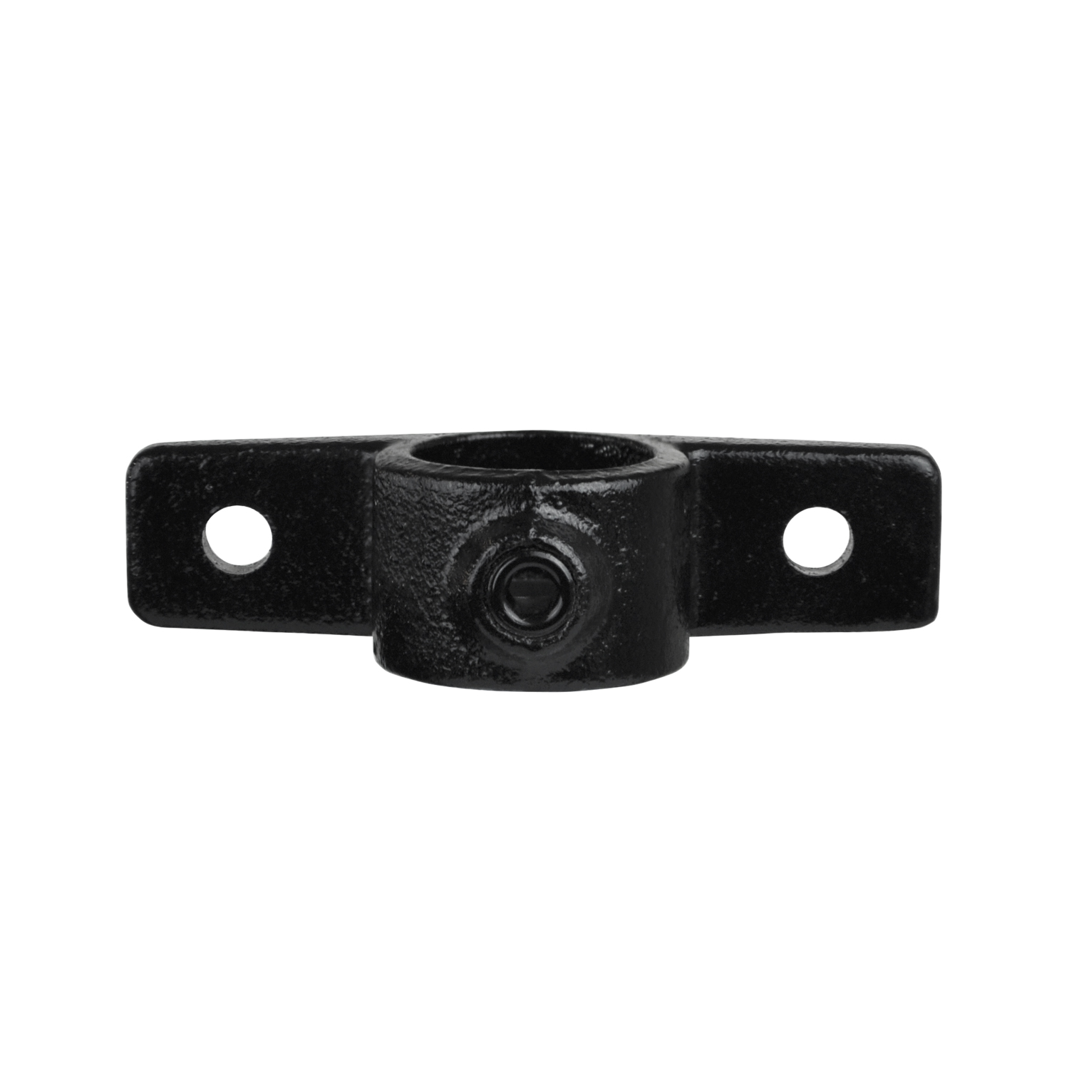 Conector de tubos negro para fijación de placas con alojamiento cilíndrico central para el tubo y dos lengüetas que sobresalen horizontalmente. Cada lengüeta tiene un orificio de fijación redondo. En el centro del alojamiento se ve un tornillo roscado.