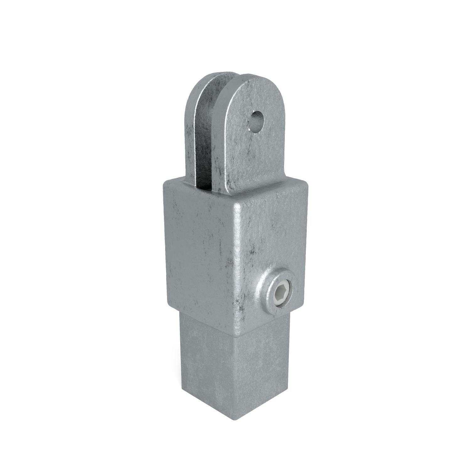 Conector metálico galvanizado con inserto cuadrado inferior. Elemento robusto con pieza central ancha y tornillo hexagonal lateral. Arriba, horquilla en U con orificio centrado para perno. Gris plateado mate texturizado.