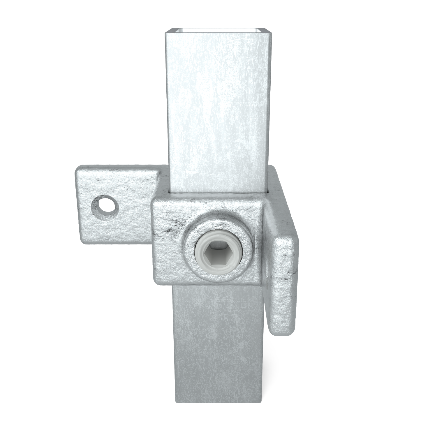 Raccord métallique argenté robuste, surface rugueuse et granuleuse type acier galvanisé. Profilé carré vertical et horizontal reliés par un bloc central. Vis à tête hexagonale à l’avant ; trou de fixation à gauche.