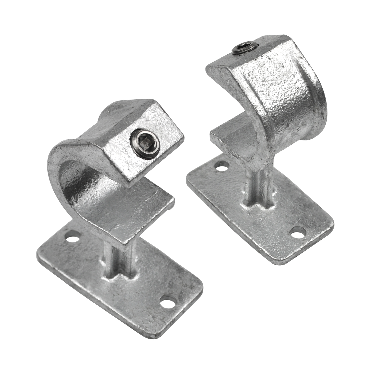 Dos abrazaderas para tubos en forma de U de acero galvanizado sobre fondo blanco. Cada abrazadera cuenta con una placa de montaje plana con dos orificios pretaladrados y un tornillo Allen en la parte superior para fijar el tubo de forma segura.