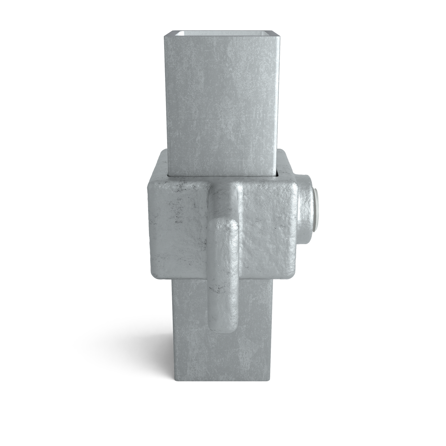 Pièce moulée en métal gris massif, présentant une texture rugueuse et irrégulière. Base large et rectangulaire avec un bloc central compact. Un fût carré plus étroit s'élève au-dessus. À droite du bloc central : une saillie cylindrique.