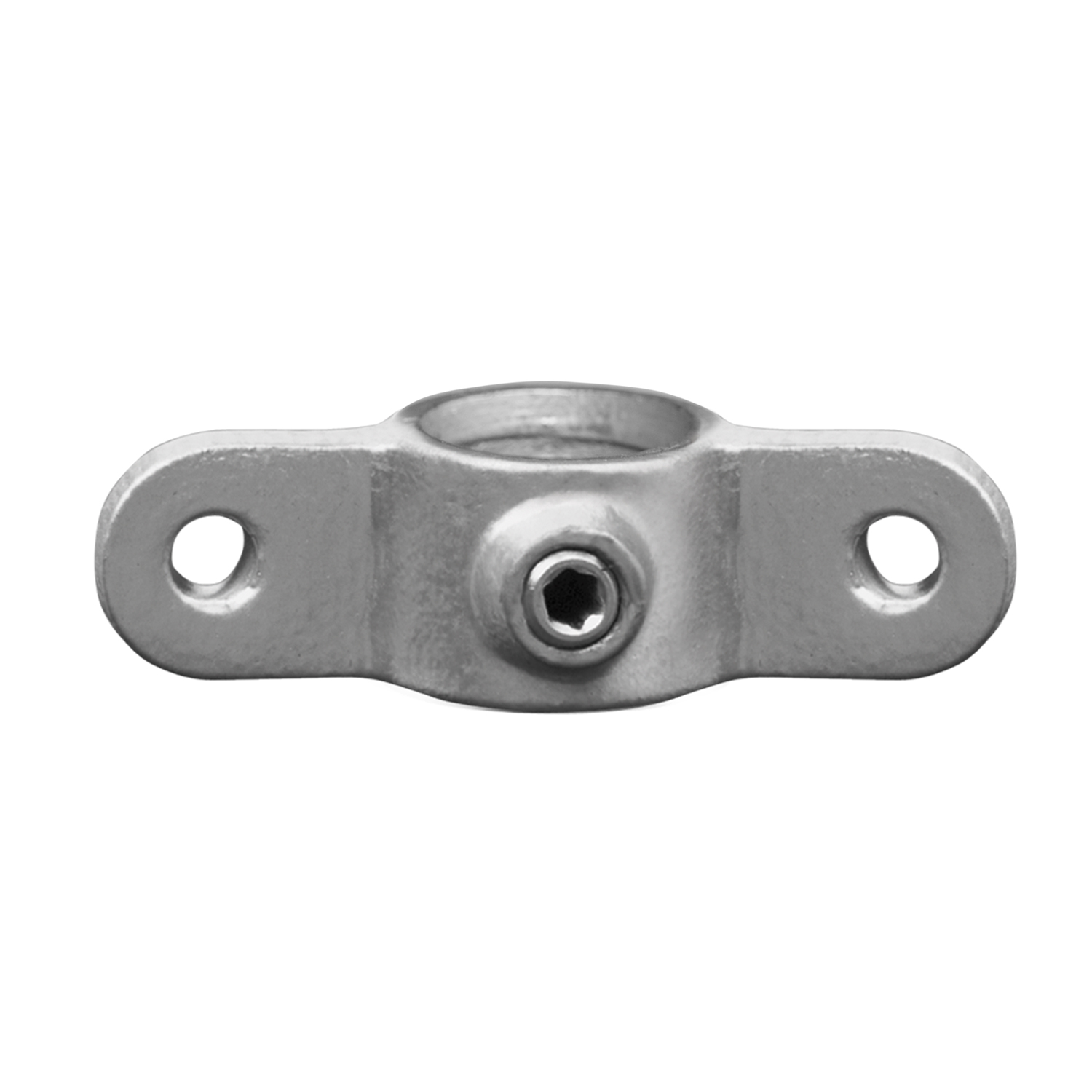 Étrier pour collier de serrage vu de dessus, en métal argenté brillant. Ouverture centrale ronde pour tube, ailes latérales plates avec un trou de fixation chacune. Vis à six pans creux pour fixer le tube.