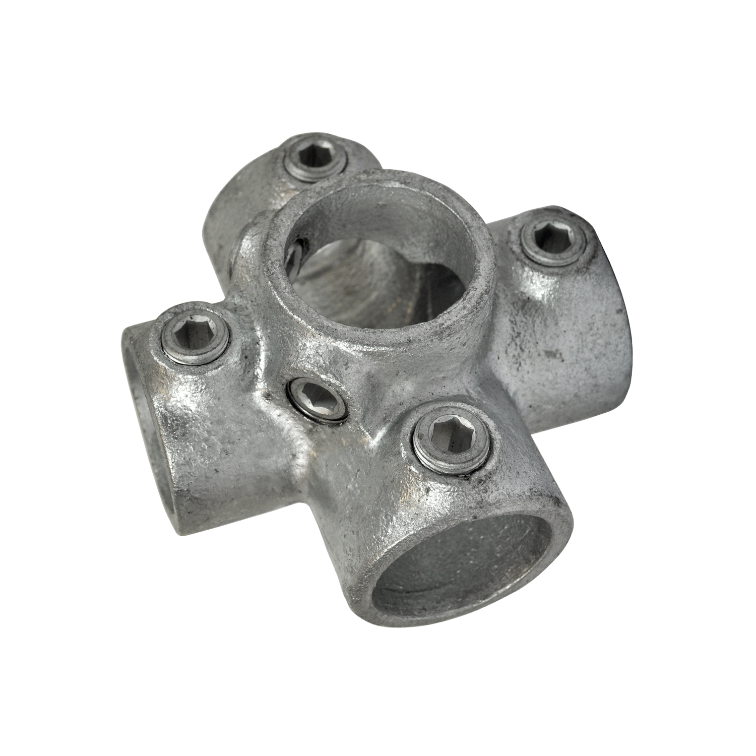 Conector de tubos metálico plateado en forma de cruz para tubos de soporte, con cuatro conexiones y un orificio de paso central. Cada conexión cuenta con un tornillo Allen visible para la fijación del tubo. Superficie mate y ligeramente texturizada.