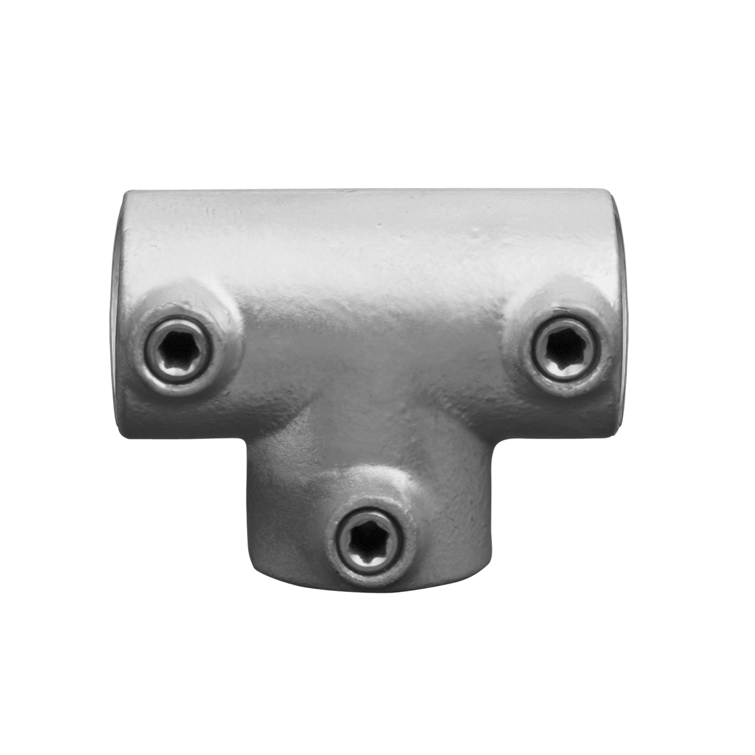 Silver-coloured metal T-pipe connector with three connection points. Each cylindrical opening has an Allen screw for secure pipe fixation. Surface is slightly textured with a matt sheen.