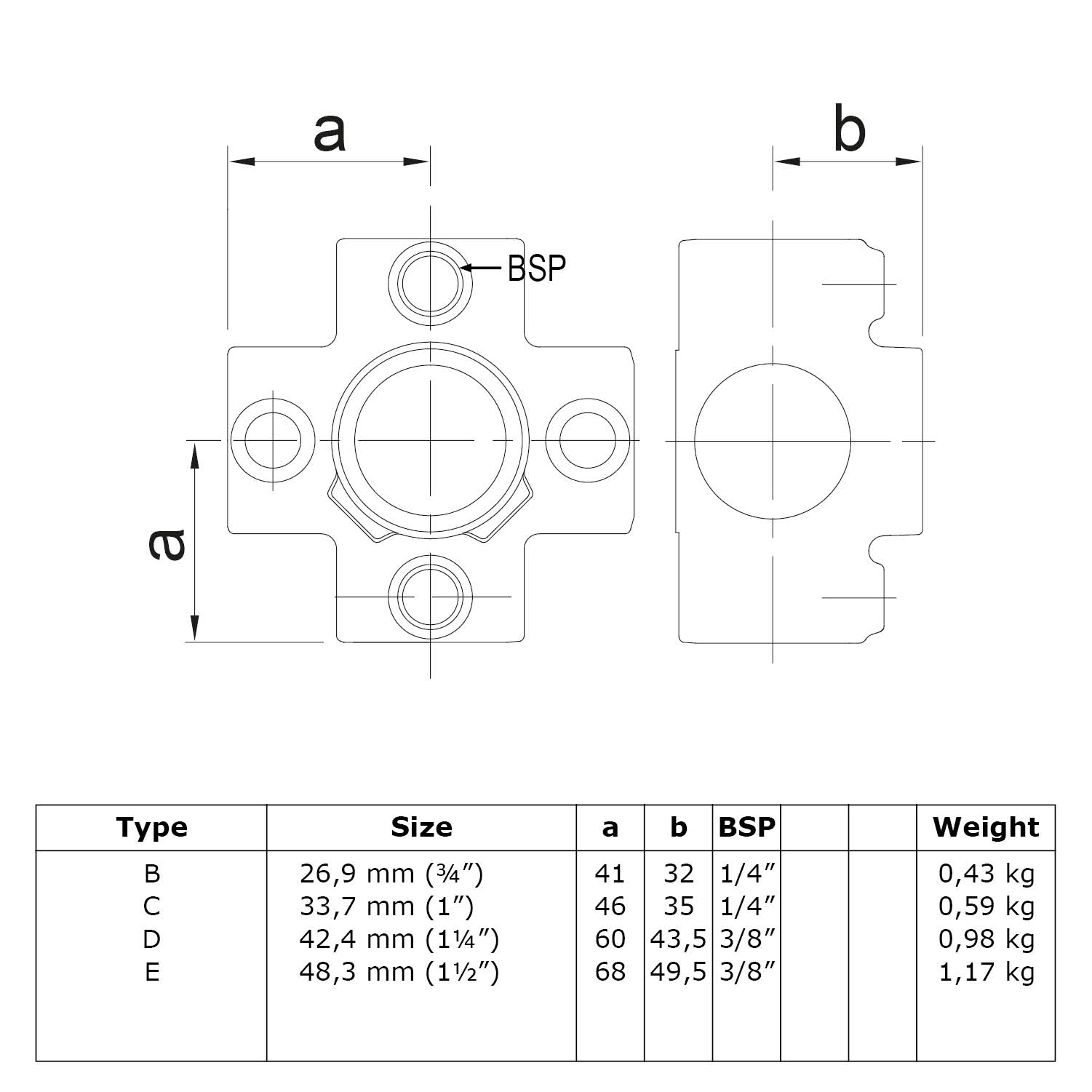 Pièce en croix pour tube de support. Connecteur 4 directions, noir 26,9 mm (¾")