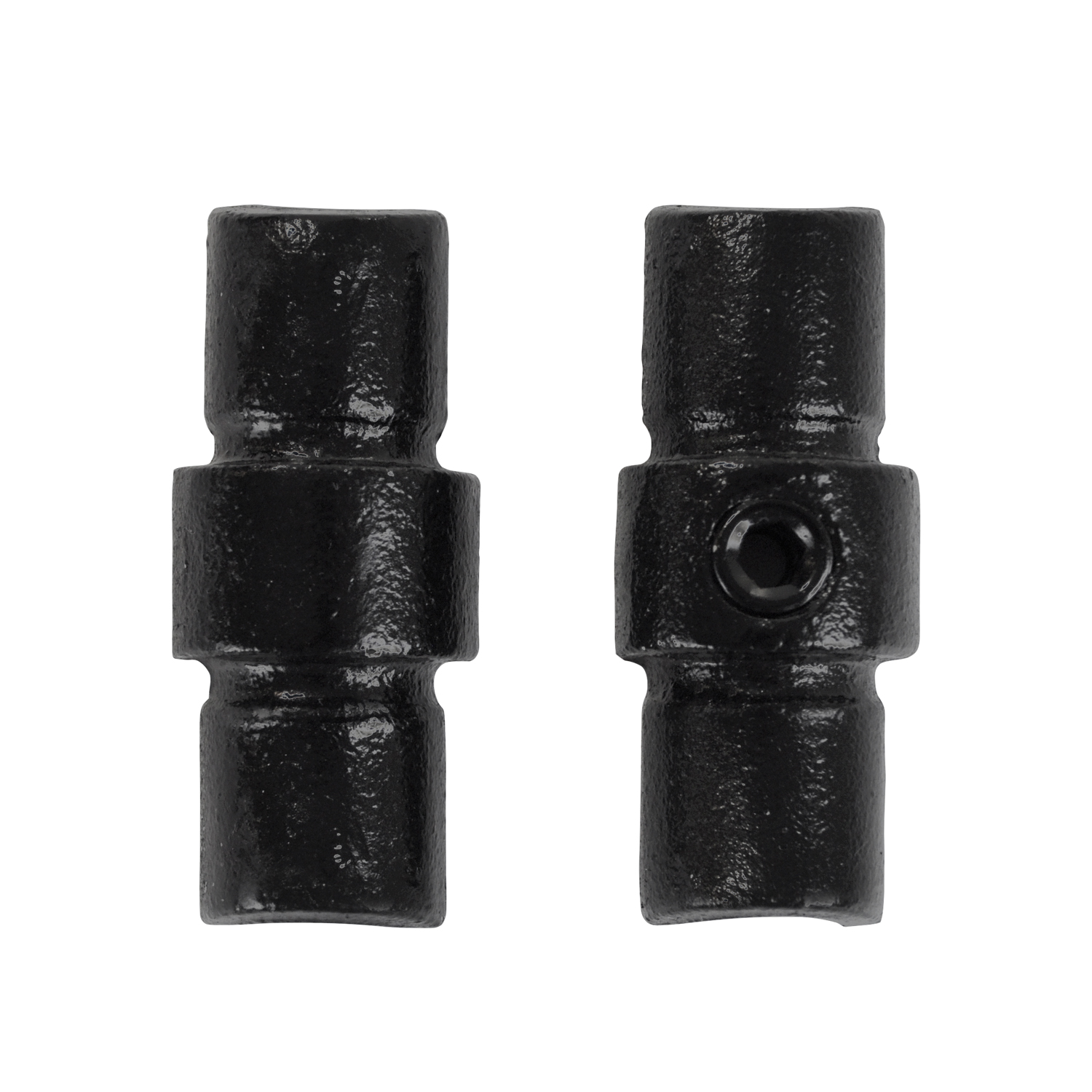 Deux raccords tubulaires cylindriques noirs pour un assemblage intérieur affleurant. Surface noire mate, légèrement rugueuse. L'un avec une vis à six pans creux apparente, l'autre lisse. Pour tubes à paroi 3,2 mm, résistant à la corrosion.