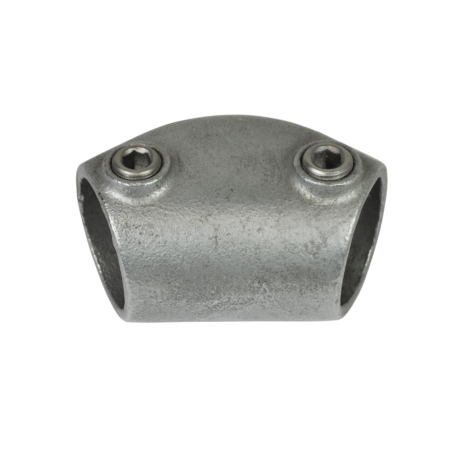 Pieza de unión para tubos metálicos de color gris, con forma de U y superficie rugosa de aspecto industrial. Sirve para unir dos tubos en ángulo. En la parte superior abombada se ven dos tornillos Allen empotrados para el apriete.