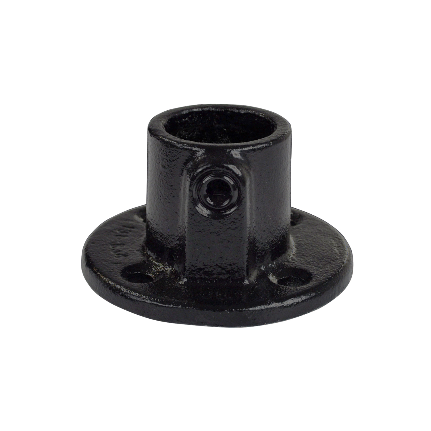 Placa de base redonda negra de hierro fundido con un manguito cilíndrico en el centro para alojar un tubo. Base plana con varios orificios de fijación; un tornillo de ajuste en el lateral del manguito. Superficie ligeramente rugosa.