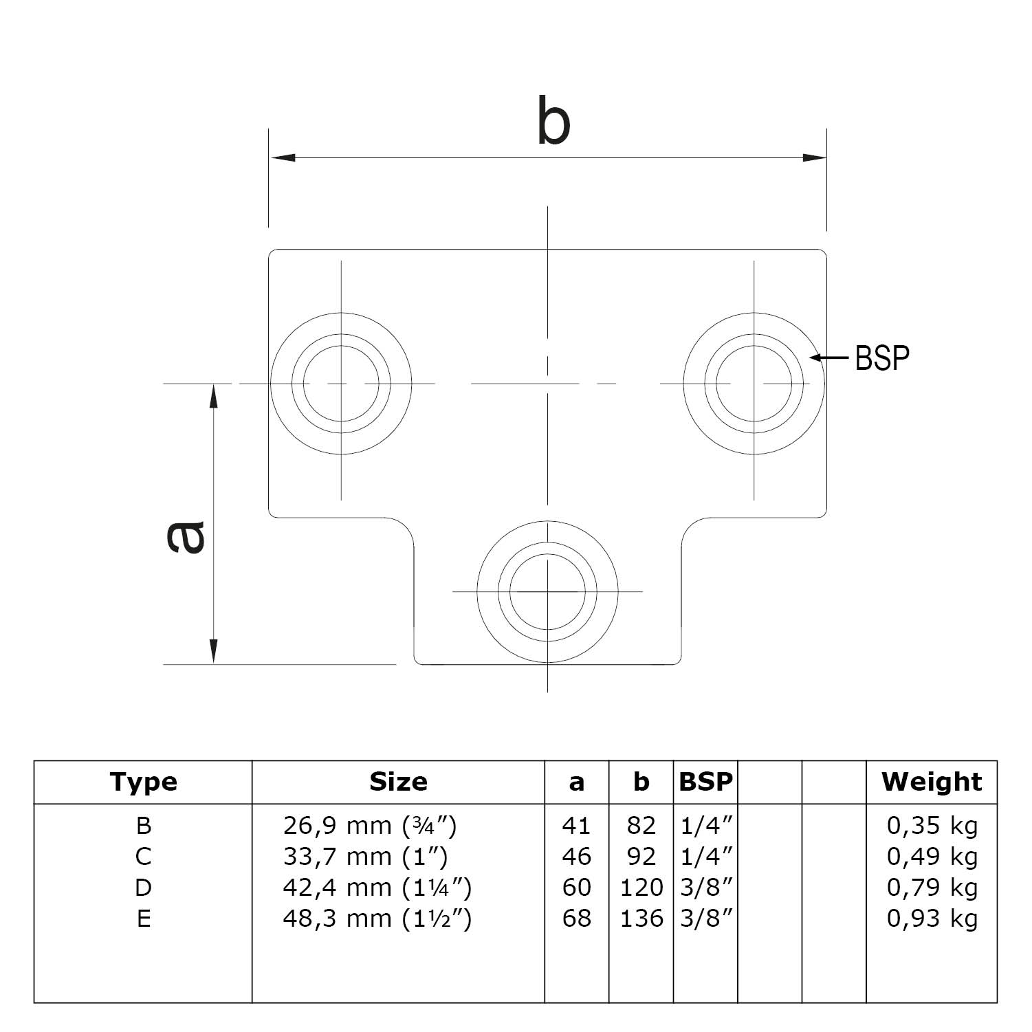 Dibujo técnico de un conector de tubos en T con tres aberturas circulares y rosca indicada. Las medidas a y b están marcadas; una abertura está identificada como BSP. Tabla debajo con tipo, tamaño, dimensiones y peso.