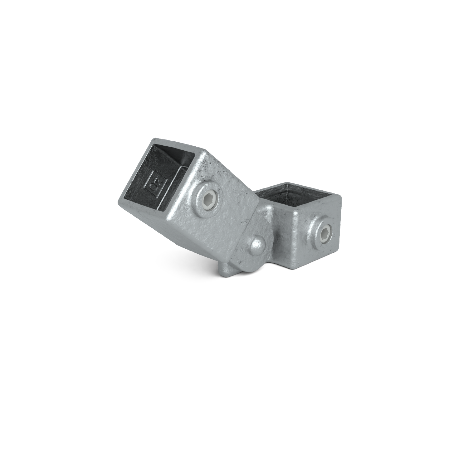 Raccord robuste, de couleur gris argenté, pour tubes carrés, composé de deux éléments perpendiculaires reliés par un axe central. Chacun est doté d'une ouverture carrée pour le tube et d'une vis à six pans creux latérale pour la fixation.