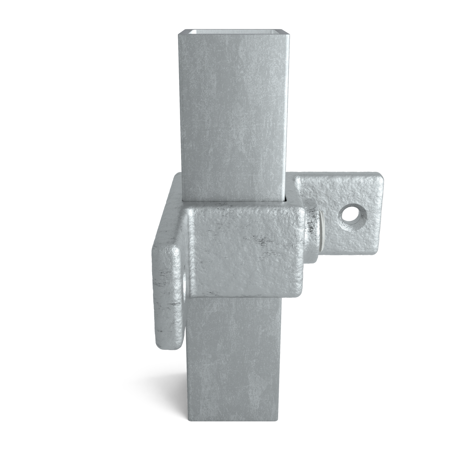 Un raccord métallique galvanisé à la surface rugueuse et grise. Il est composé de tubes carrés verticaux et horizontaux, assemblés par un élément de liaison plus épais en forme de bloc. Avec un trou rond à droite.