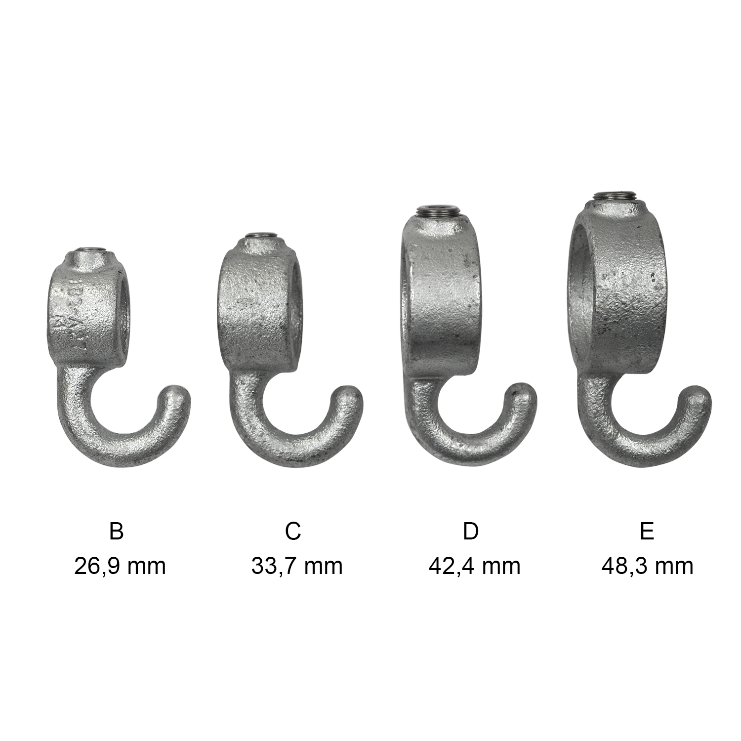 Cuatro tamaños de anillos de ajuste galvanizados con gancho para unir tubos. Cada anillo tiene un gancho resistente abajo y una abertura roscada arriba. De izquierda a derecha, en orden ascendente: 26,9; 33,7; 42,4 y 48,3 mm.