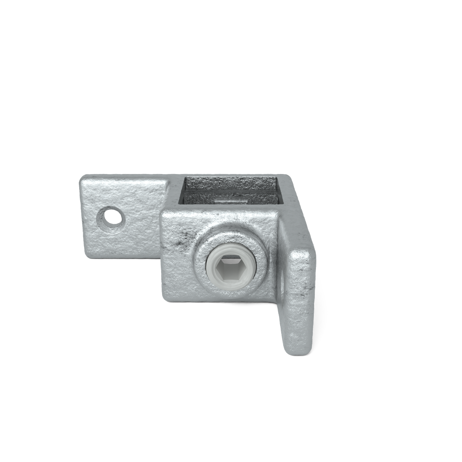 Raccord en L galvanisé pour tubes métalliques/garde-corps, avec ouverture carrée. Doté d'un trou de fixation rond sur le côté et d'une vis à six pans creux apparente pour la fixation. Surface légèrement structurée, gris argenté.