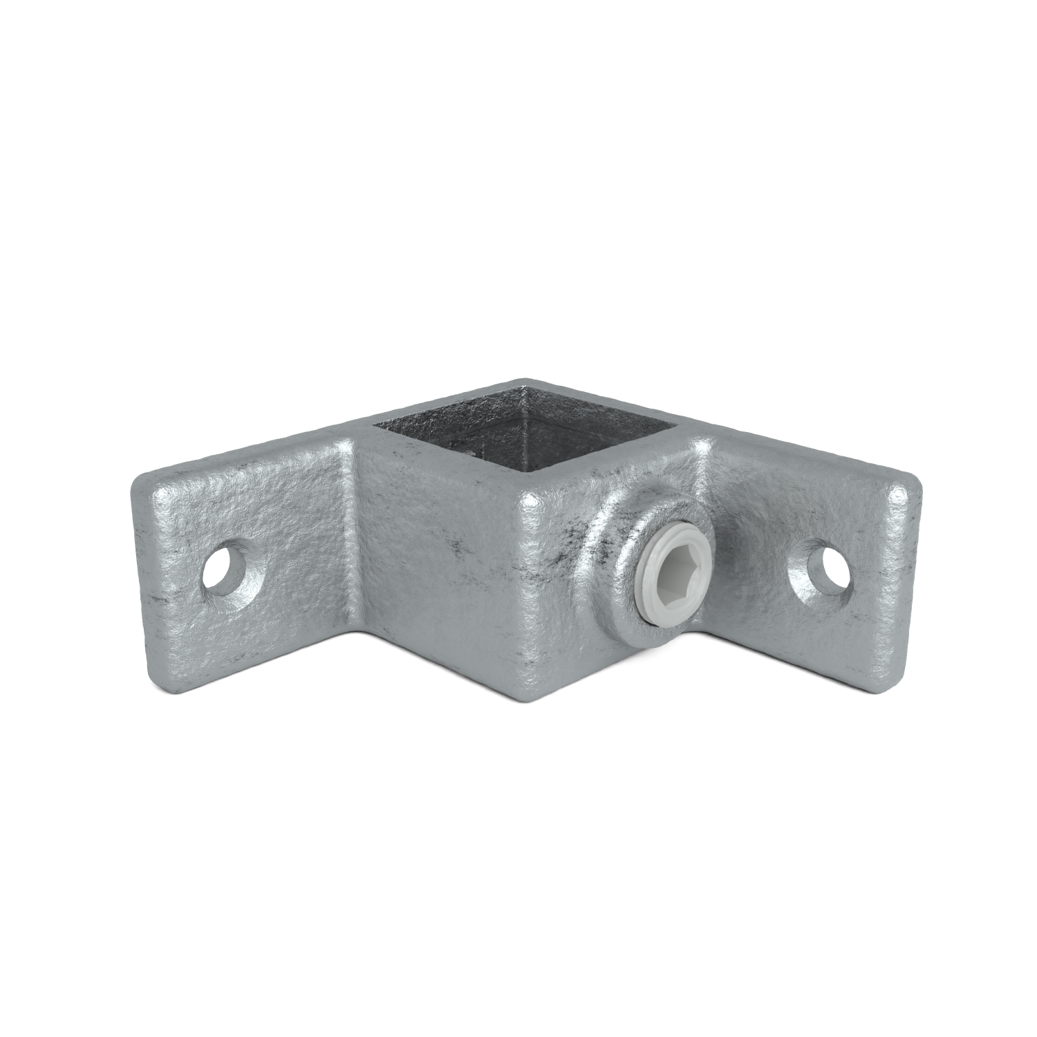 Raccord d'angle en L en métal galvanisé, surface rugueuse grise. Évidement carré au centre et deux branches plates à angle droit. Chaque branche a un trou de montage rond. Sur le côté, vis hexagonale blanche de serrage.