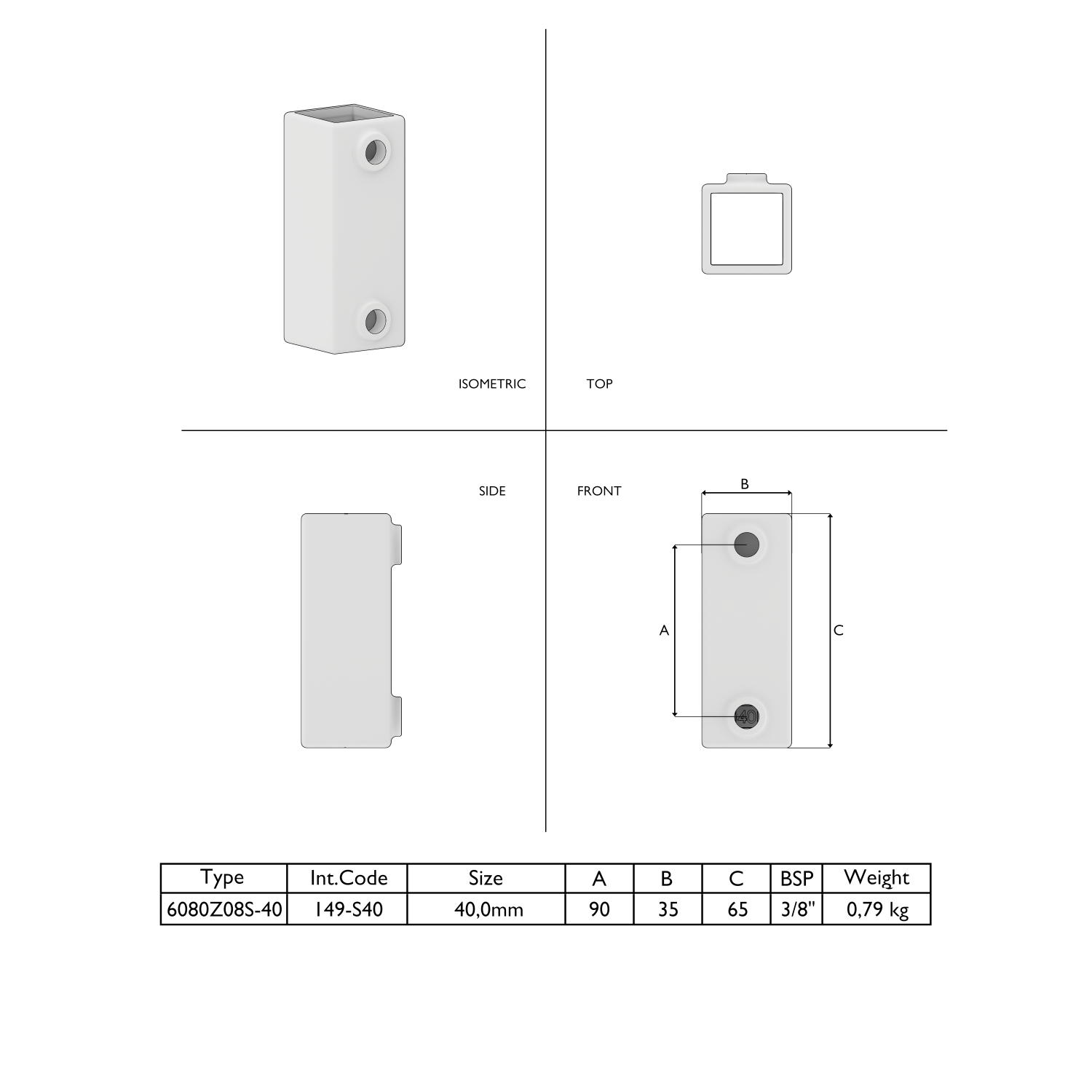 Schéma technique d'un composant rectangulaire gris clair avec vue en coupe, dessus, côté et face. Vue de face : 2 ouvertures rondes, dimensions A=90, B=35, C=65. Fiche : Réf. 6080Z08S-40, 40,0 mm, BSP 3/8", 0,79 kg.