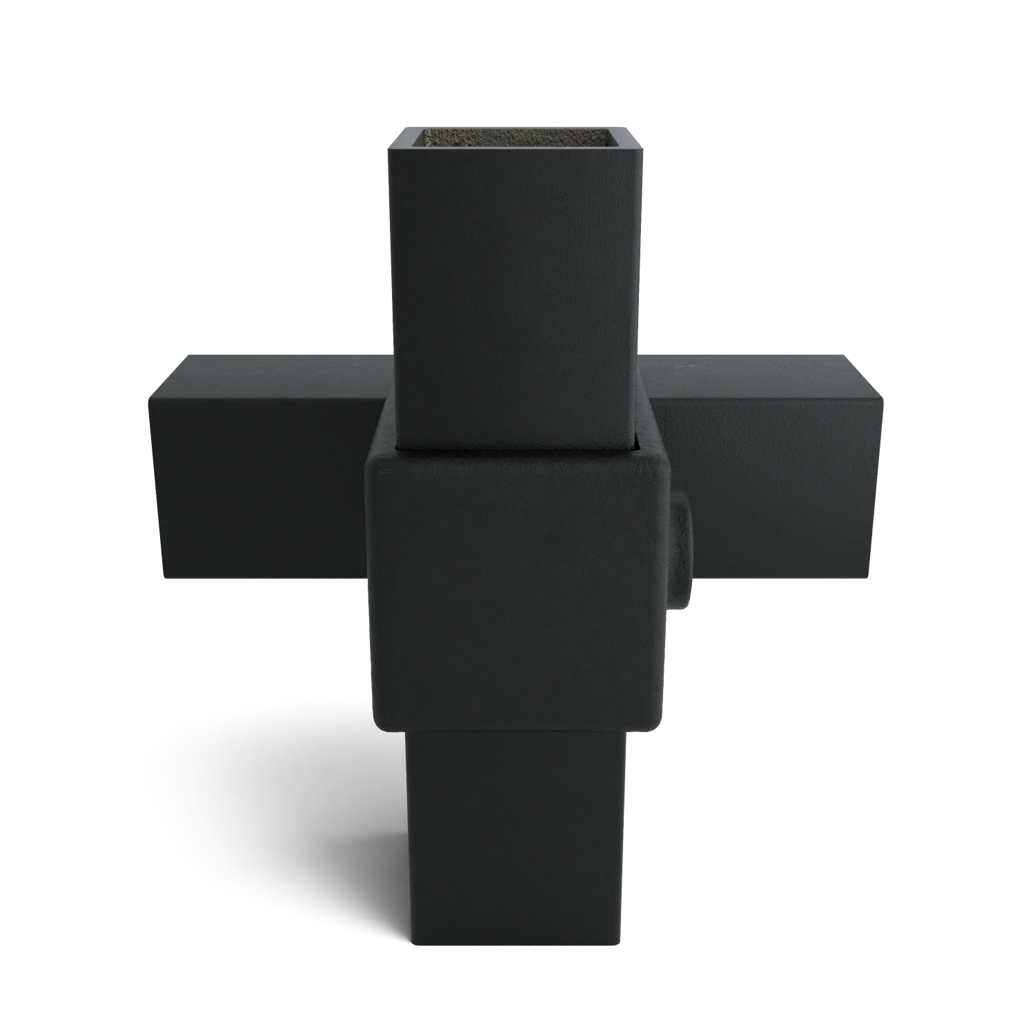 Jardinière modulaire noir mat composée d'éléments rectangulaires en forme de croix. De la terre sombre dans la partie verticale supérieure. Surface légèrement texturée, semblable à du béton. Sur fond blanc avec une ombre douce.