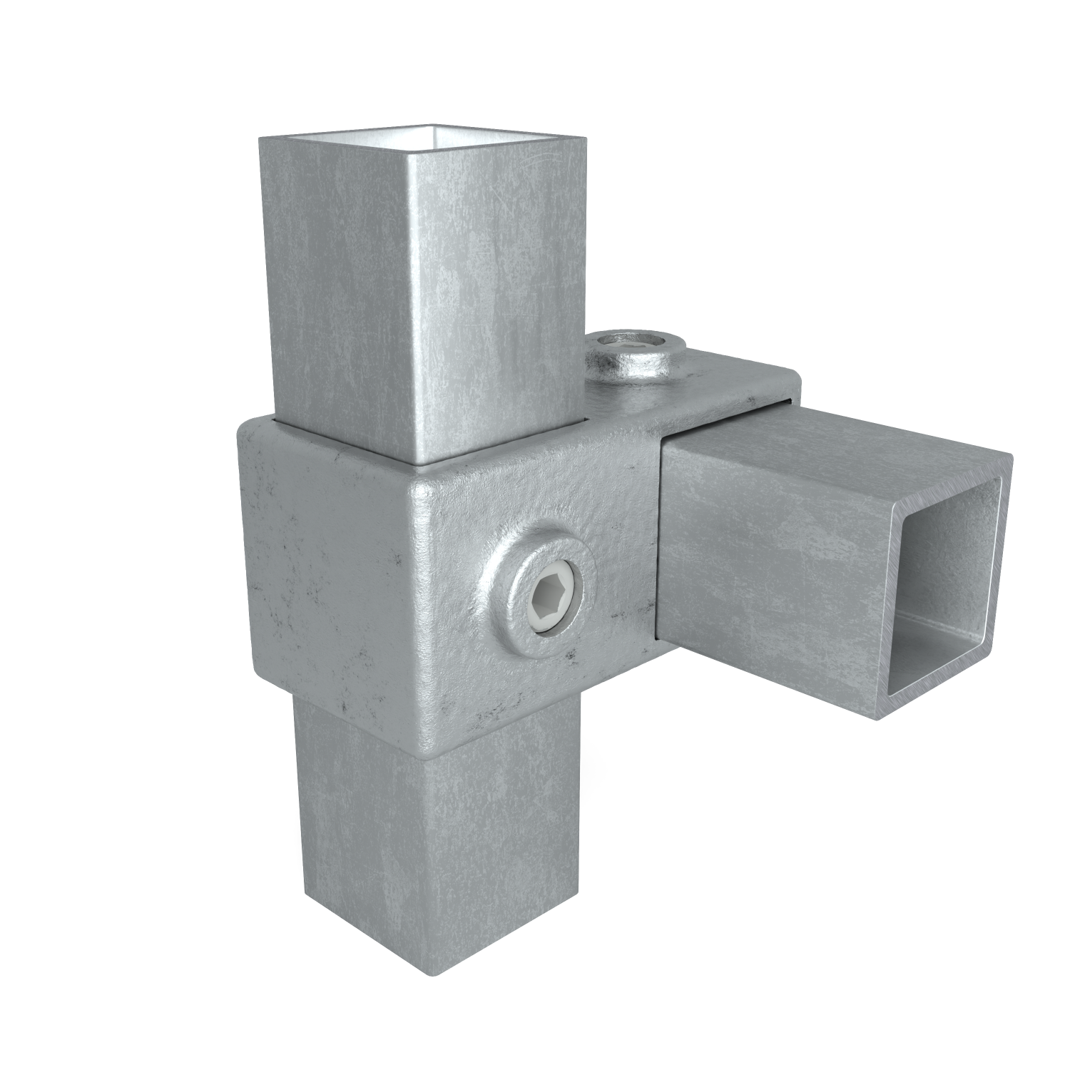 Raccord d'angle métallique robuste, à la surface rugueuse et grise, reliant trois profilés creux carrés à angle droit : un vers le haut, un vers le bas, un sur le côté. Avec vis à six pans creux encastrées, légèrement irrégulier.