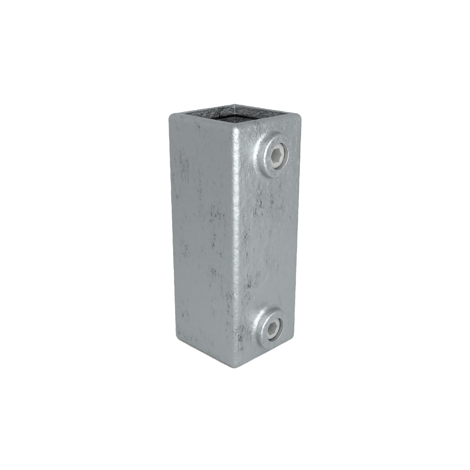 Un élément de raccordement unique, rectangulaire, en métal mat argenté, surface légèrement structurée. Une vis à six pans creux visible sur chaque côté, en haut et en bas. Le profilé creux est ouvert en haut, intérieur sombre.