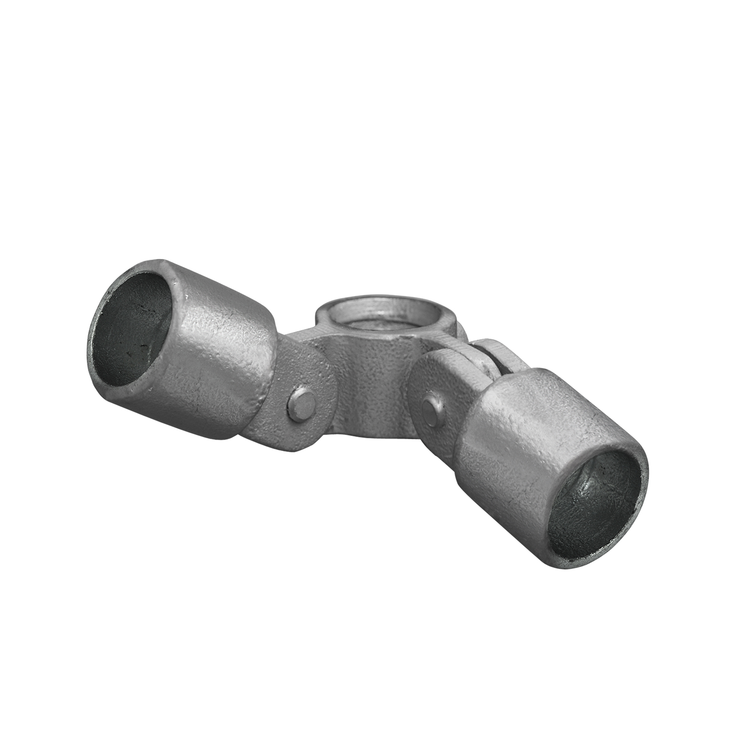 Junta doble metálica de color plateado para la fijación angular ajustable de tubos. Con elemento de unión central y dos brazos giratorios, cada uno con una abertura redonda para tubos de 42,4 mm. Brazos en ángulo de 90°.