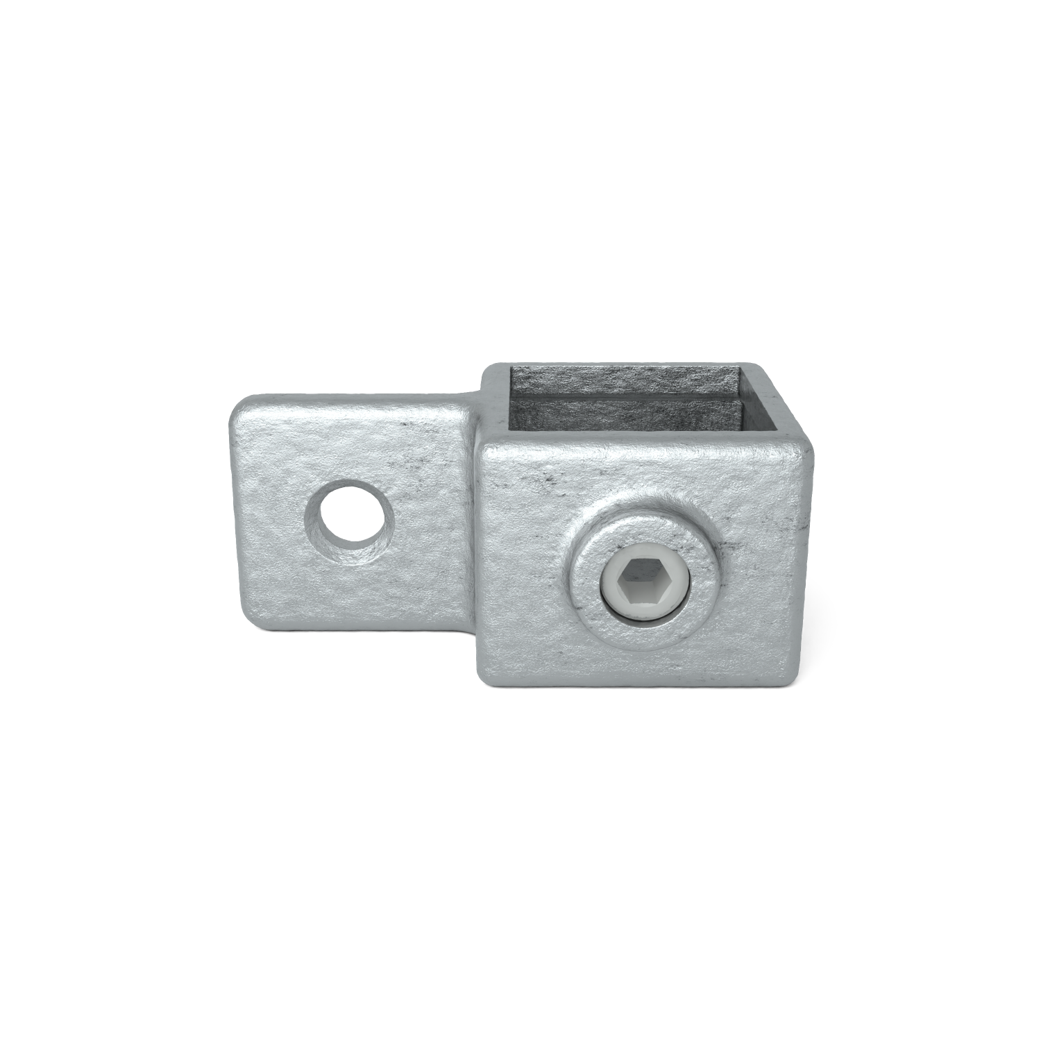 Connecteur métallique brut et gris, avec une ouverture carrée à droite et un embout plat muni d'un trou rond à gauche. Une vis à six pans creux servant à la fixation est visible sur le côté du manchon carré. Métal zingué, isolé en blanc.