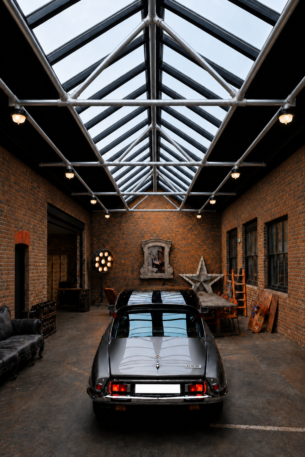 Une Citroën DS 19 grise est photographiée de dos dans une grande pièce aux murs de briques rouges et au sol sombre. Un toit en verre sur poutres métalliques éclaire la scène. Style industriel : canapé cuir, table bois, étoile, lampadaire.