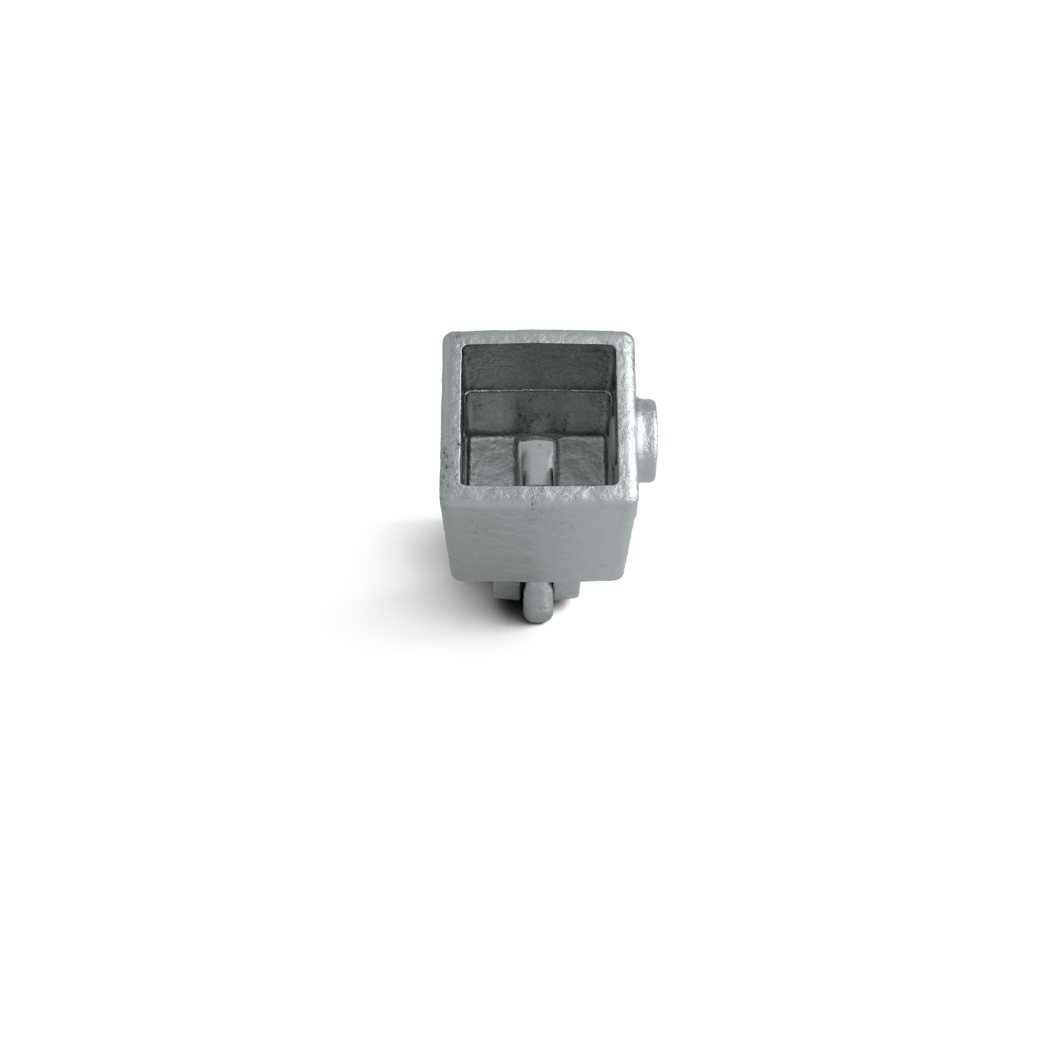 Pièce métallique grise cubique, ouverte et creuse. Surface rugueuse mate, type fonte ou galvanisé. À droite, petit embout cylindrique ; en bas, deux petits pieds. Sur fond blanc, ombre en bas à gauche.