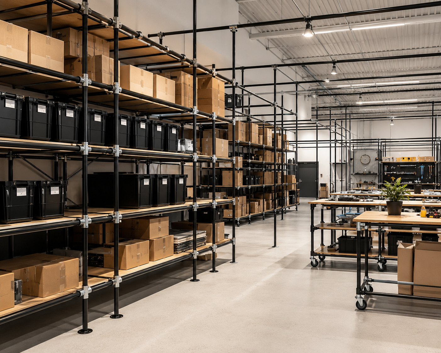 Grand entrepôt lumineux avec longues étagères en tubes noirs et planches de bois clair, remplies de cartons marron et de bacs noirs. À droite, tables en bois mobiles avec outils et plante verte.