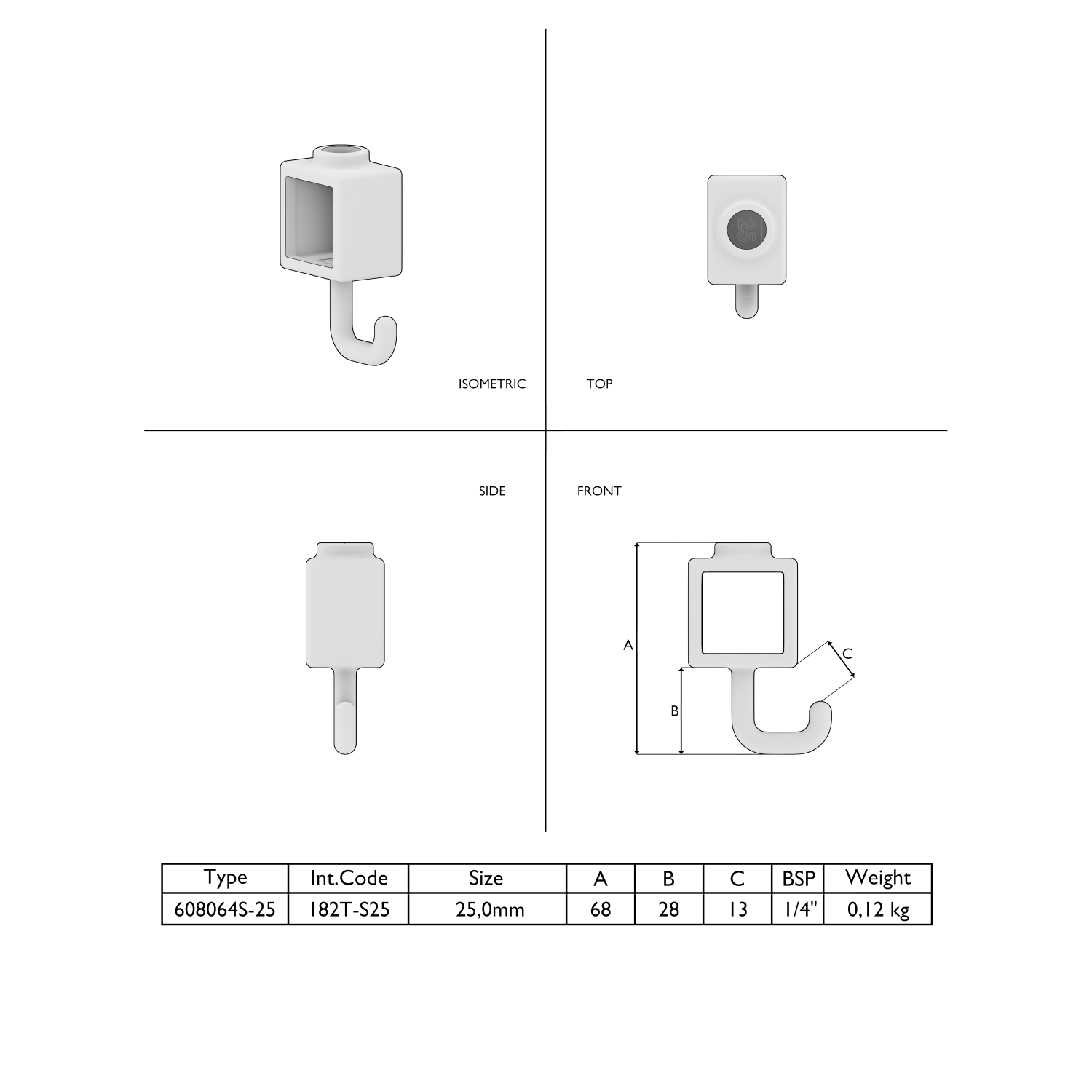Dessin technique d'un crochet de suspension blanc parallélépipédique, représenté sous 4 angles : isométrique, dessus, côté et face, avec cotes A, B, C. Tableau en dessous : type, code, taille et poids.