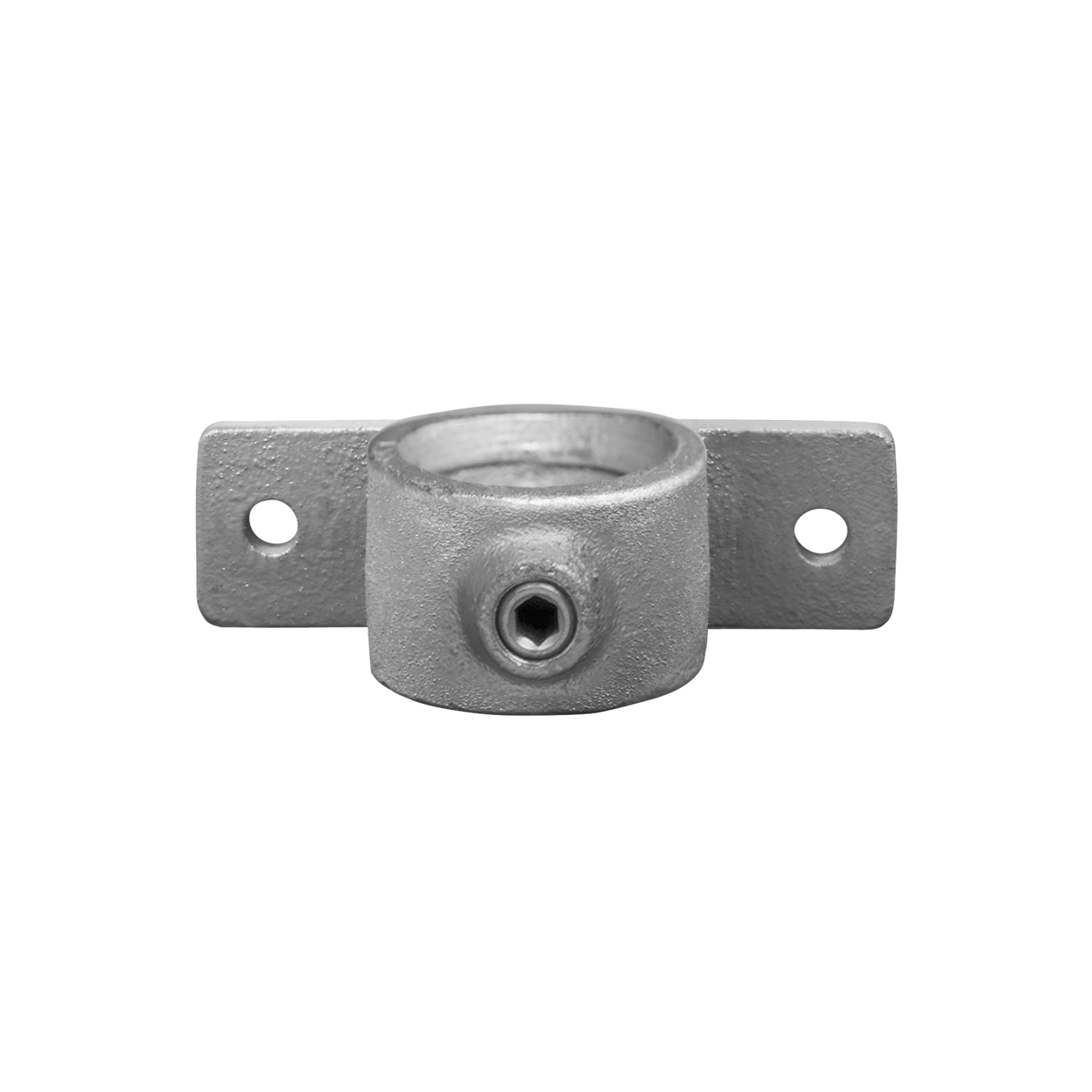 Raccords tubulaires métalliques gris avec serre-câble rond. Deux pattes plates avec trou pour fixation par vis. Une vis à six pans creux fixe le tube dans l’œillet de 33,7 mm (1”). Pour montage stable sur panneau ou blocage de grille.