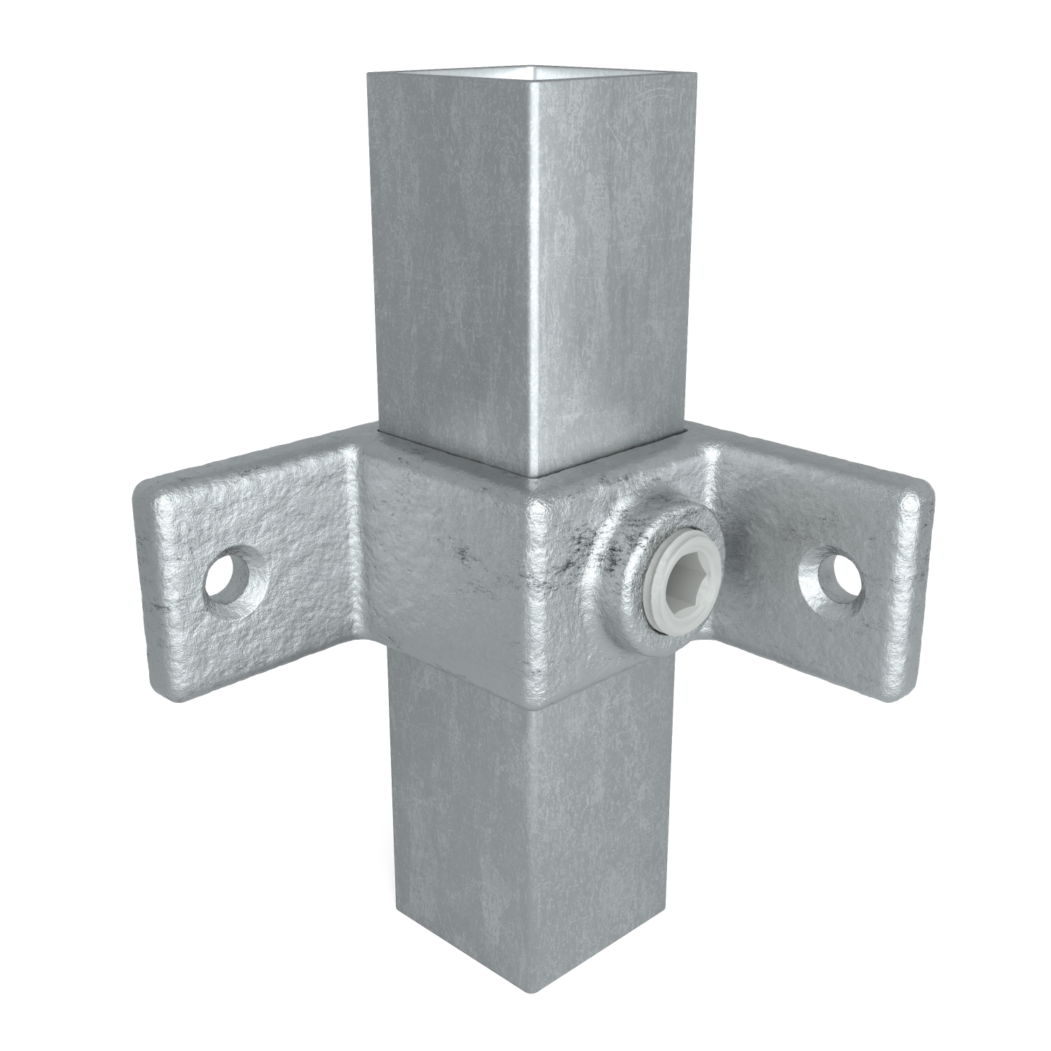 Raccord en croix argenté et robuste pour tubes carrés, avec une colonne verticale et deux bras plats sur les côtés dotés de trous de fixation. Un bouchon hexagonal est visible sur l'un des bras. Surface légèrement rugueuse, galvanisée.