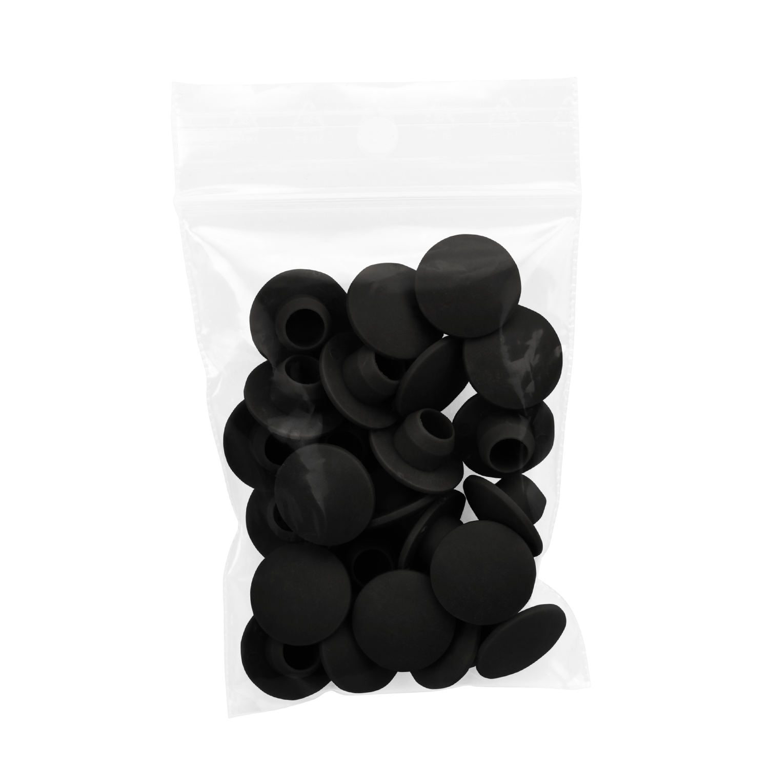Sachet en plastique transparent contenant de nombreux bouchons à vis noirs. Chacun présente une face supérieure plate et ronde ainsi qu'une base conique. Les bouchons sont soigneusement emballés et présentent une finition mate.