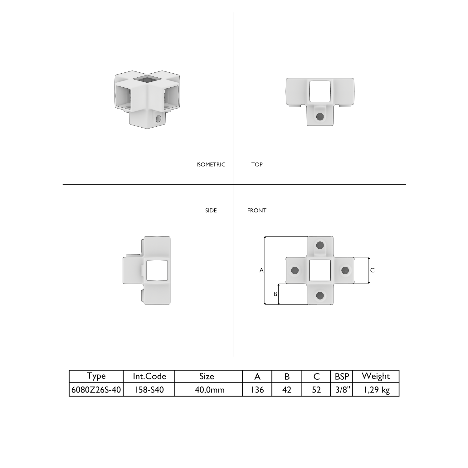 Dessin technique d'un raccord de tuyaux blanc, de forme cubique, comportant plusieurs ouvertures carrées. Vue isométrique ainsi que vues de dessus, de côté et de face. Vue de face avec cotes A, B, C. Tableau indiquant le type, la taille et le poids.