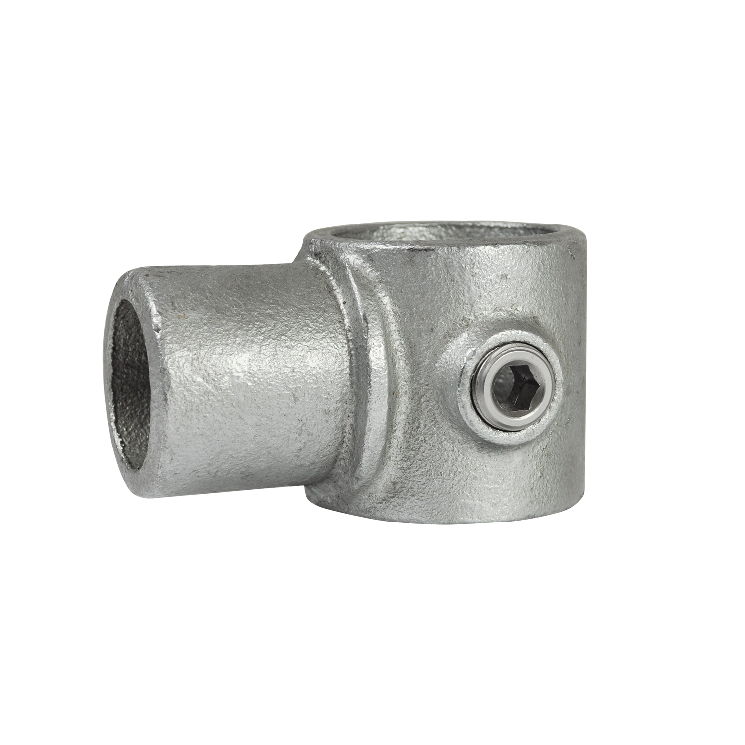 Raccord en T métallique robuste, argenté, probablement galvanisé, servant de raccord tubulaire. Une ouverture pour insertion. La branche verticale a une vis à six pans pour fixation au tuyau, idéal pour garde-corps et supports modulables.