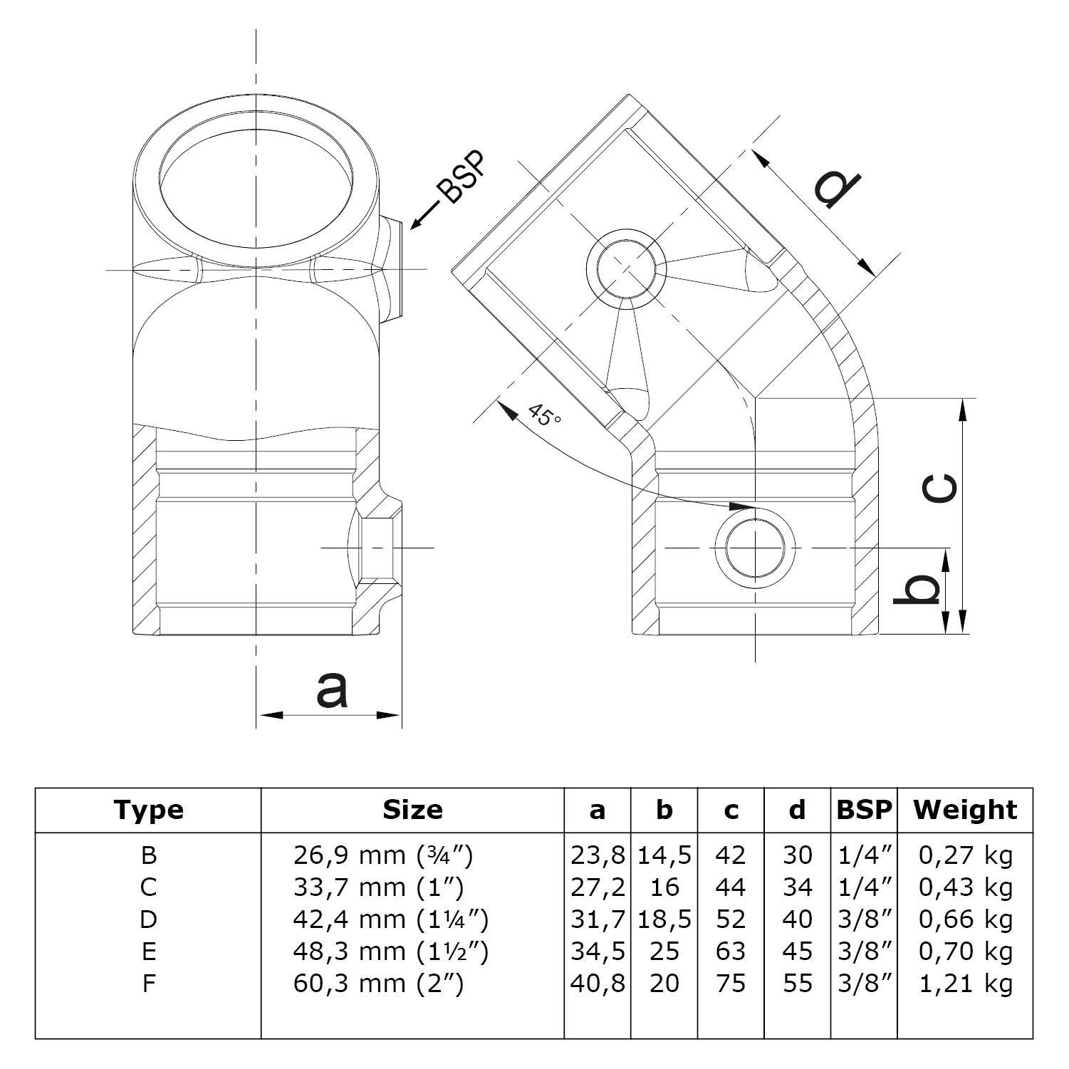 Pièce en T, courte 45° 26,9 mm (¾")