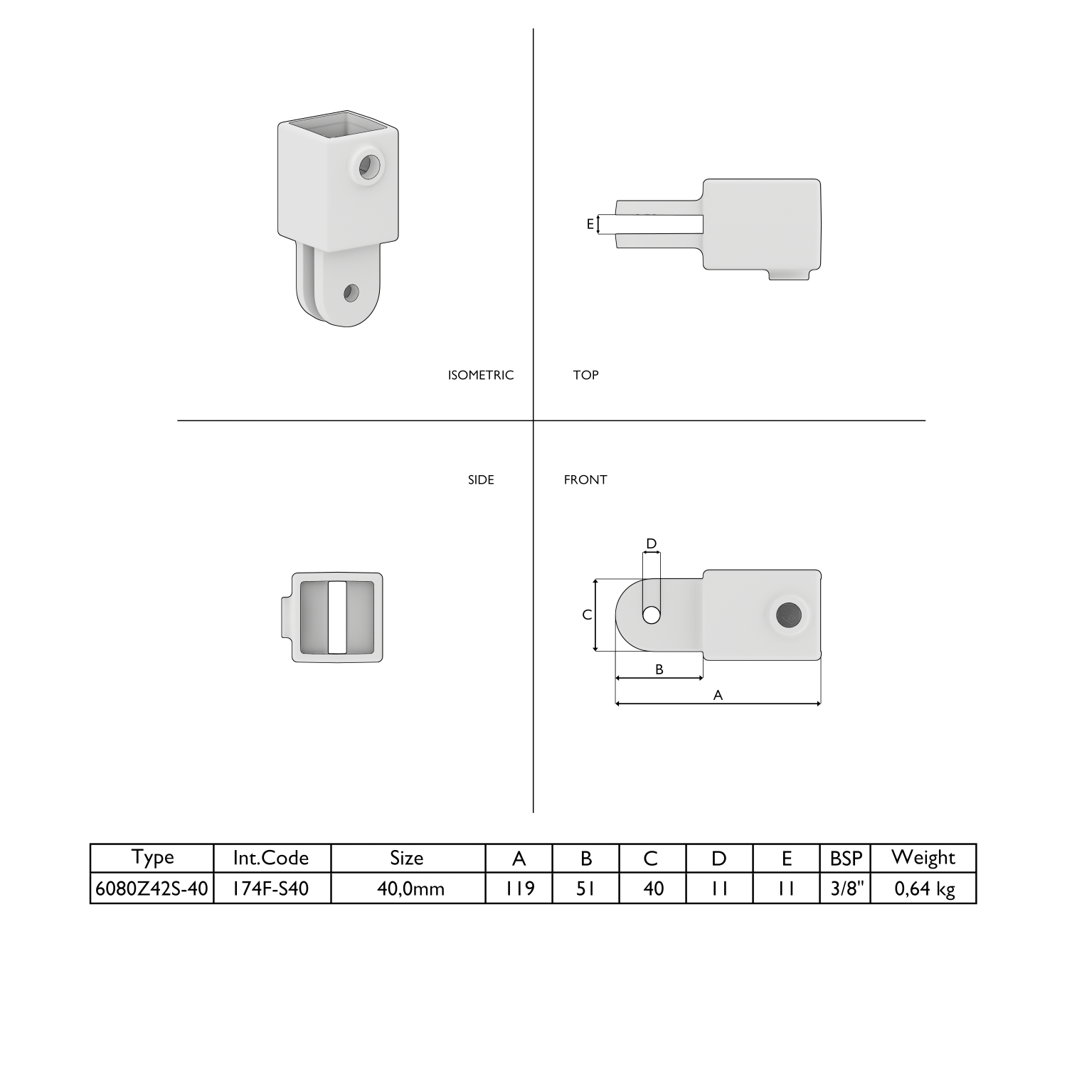 Dessin coté d'un adaptateur de tuyau carré gris : raccord enfichable carré en haut, support en fourche avec alésage en bas. Vues : isométrique, vue de dessus, vue de côté, vue de face ; tableau avec les cotes A à E.