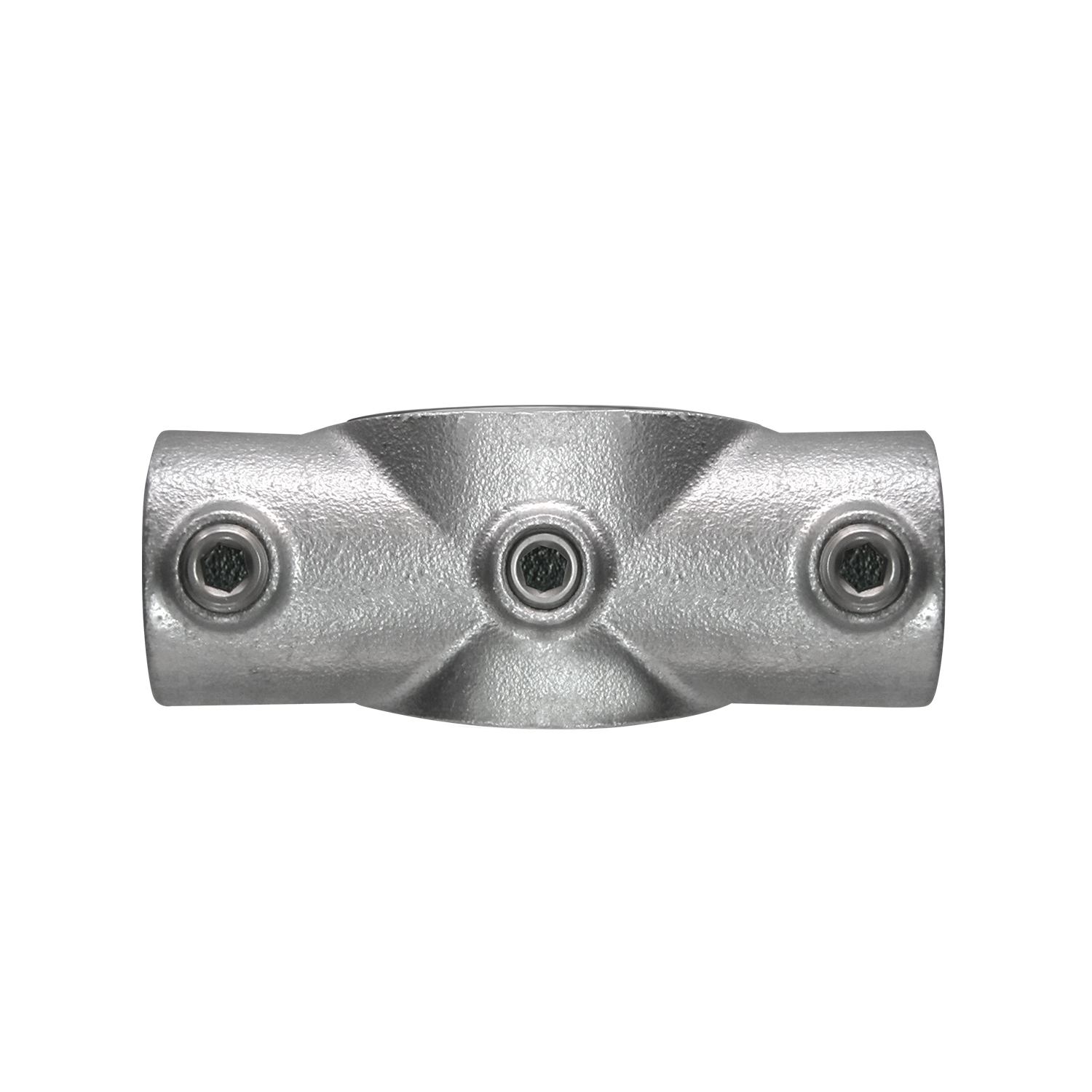 Raccord métallique gris argenté, horizontal, en forme de T avec trois raccords. Surface texturée et mate. Trois vis à six pans creux apparentes : au centre et aux deux extrémités.