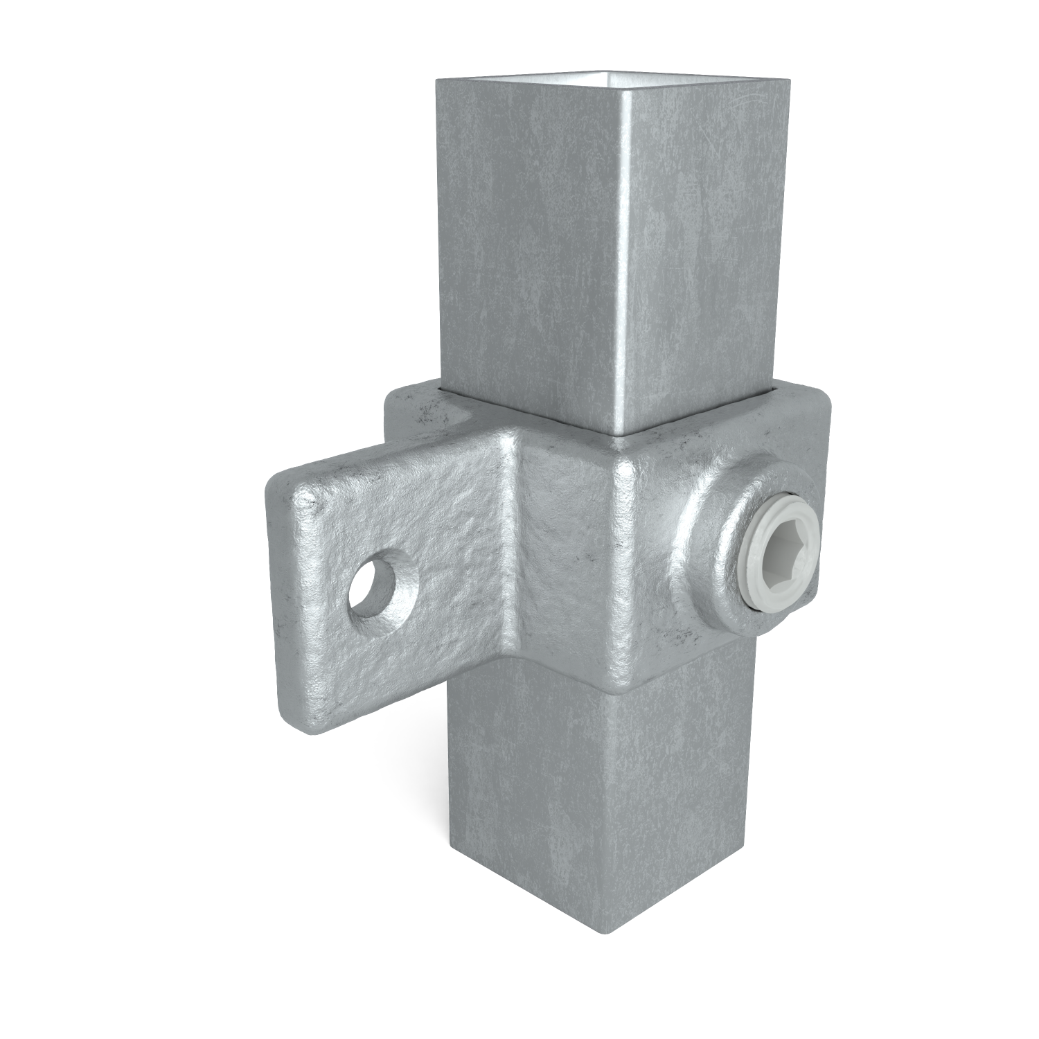 Raccord métallique robuste, gris argenté, pour tubes carrés, maintient deux tubes à angle droit. Un tube vertical et un tube horizontal sont insérés. Fixation par vis à tête hexagonale, trou de montage visible sur le côté du bras.