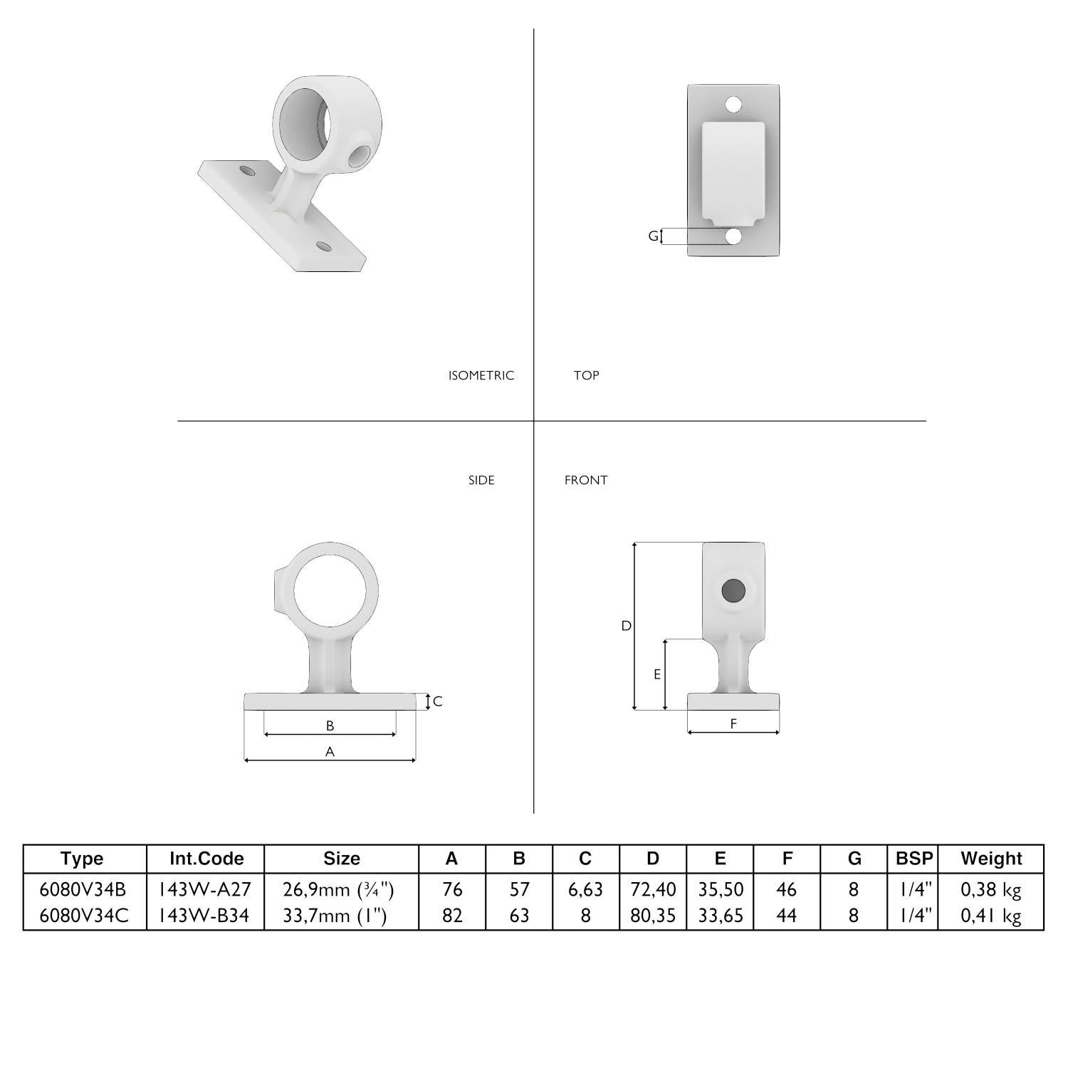 143W-B Support de main courante. - 33.7 mm brun