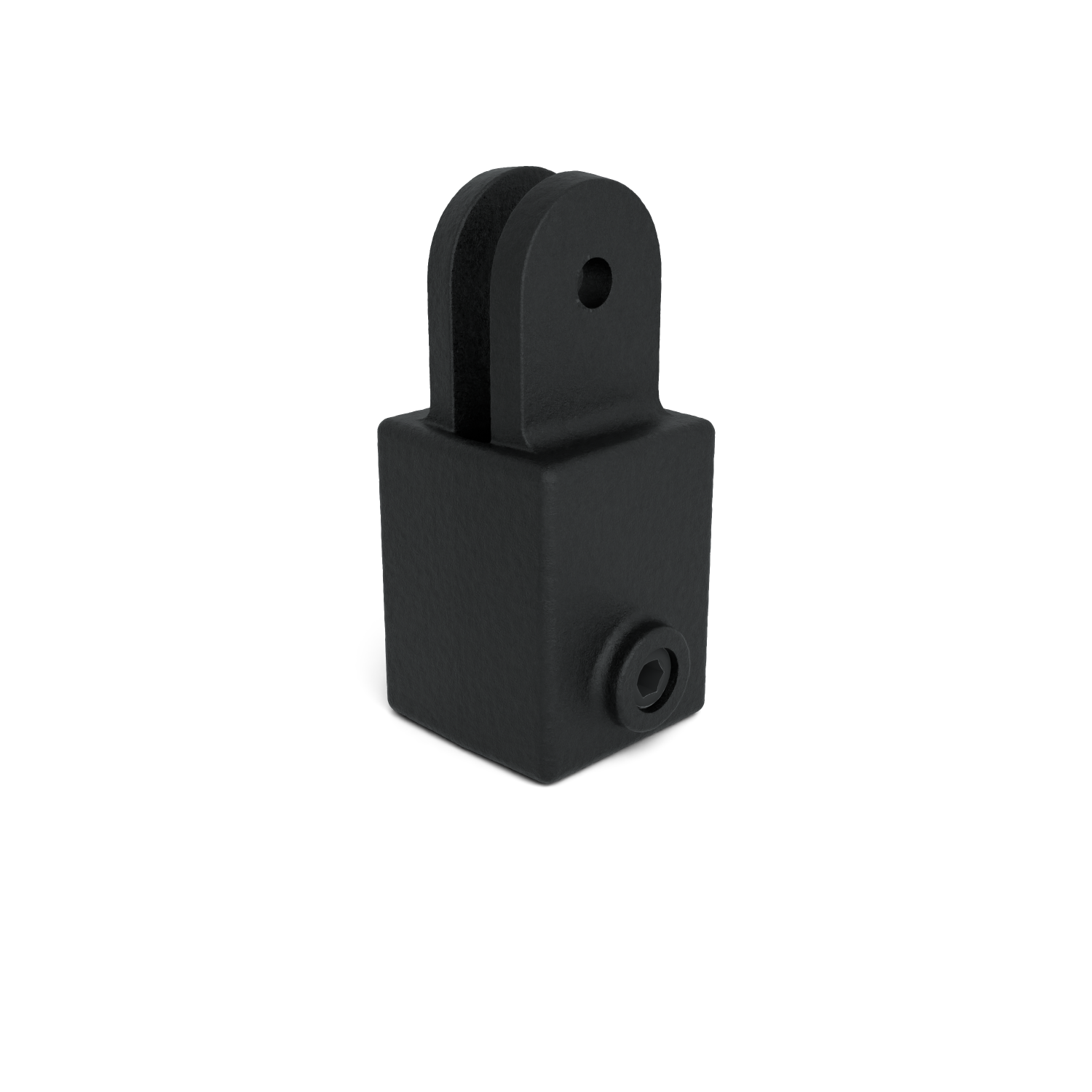 Raccord métallique noir à texture grossière, doté d'une base carrée. Une vis à tête hexagonale est visible sur un côté. En haut se trouve une fourche en forme de U avec un trou traversant pour la fixation.